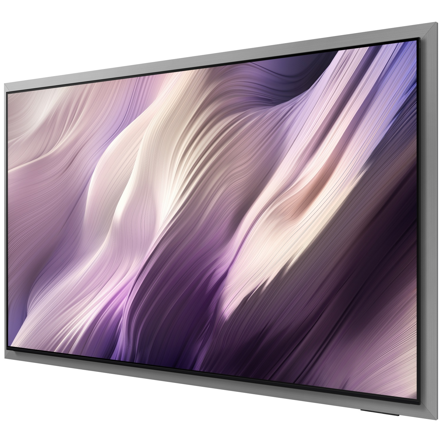 A slim, gray television displaying an abstract, wavy pattern in purple and white.