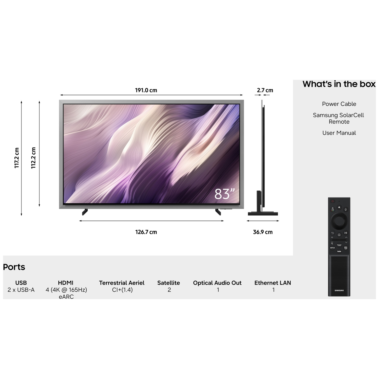 A large 83-inch TV with dimensions and ports listed. Includes remote, power cable.