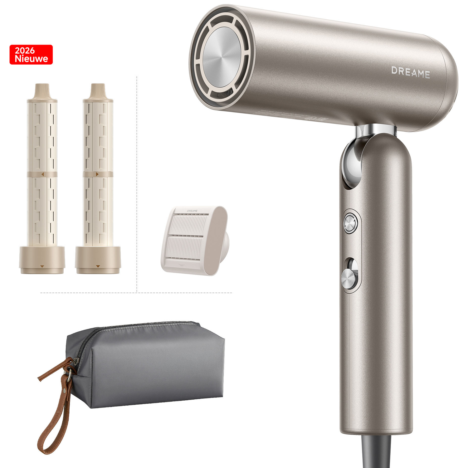 A silver hairdryer with accessories: two filters, an attachment, and a pouch.