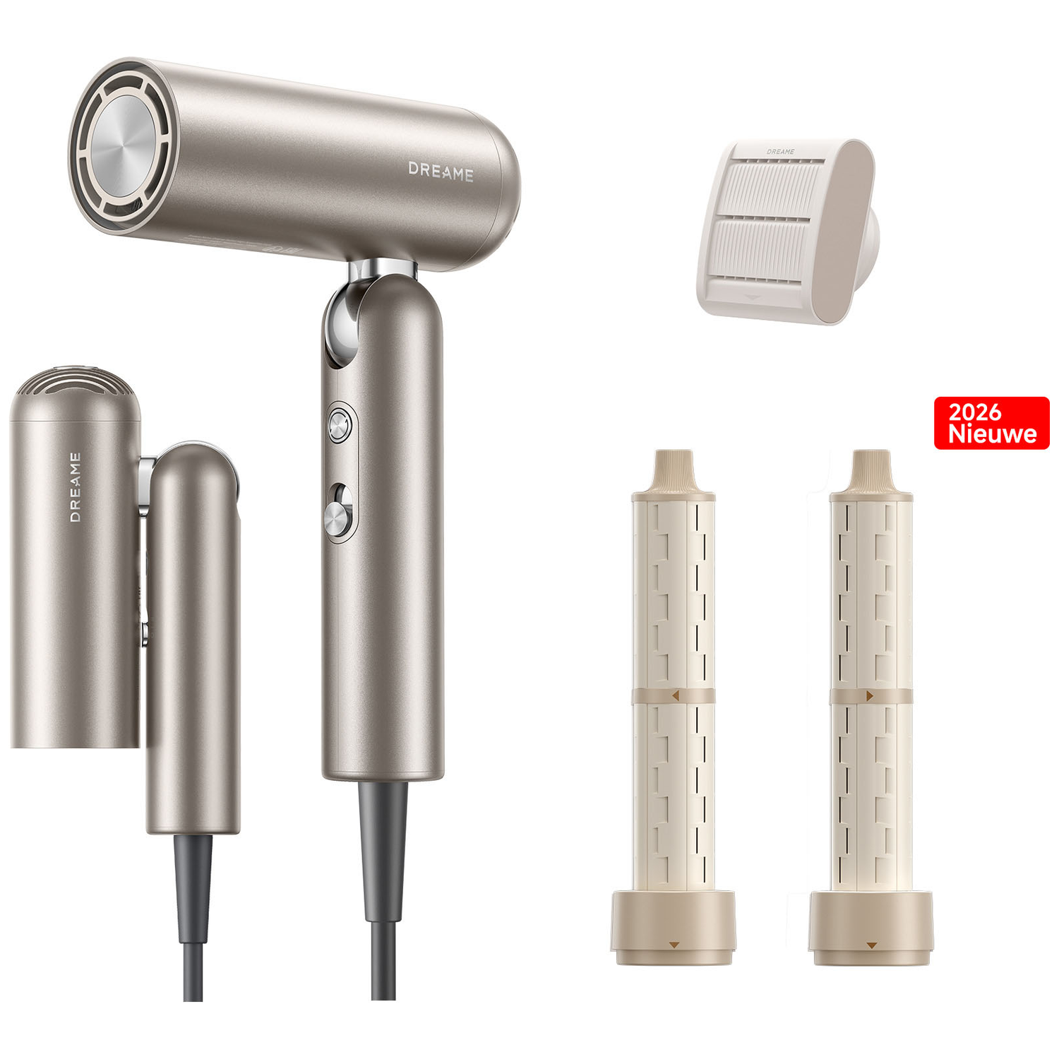 A silver hairdryer with accessories: nozzle, diffuser, and two filters.
