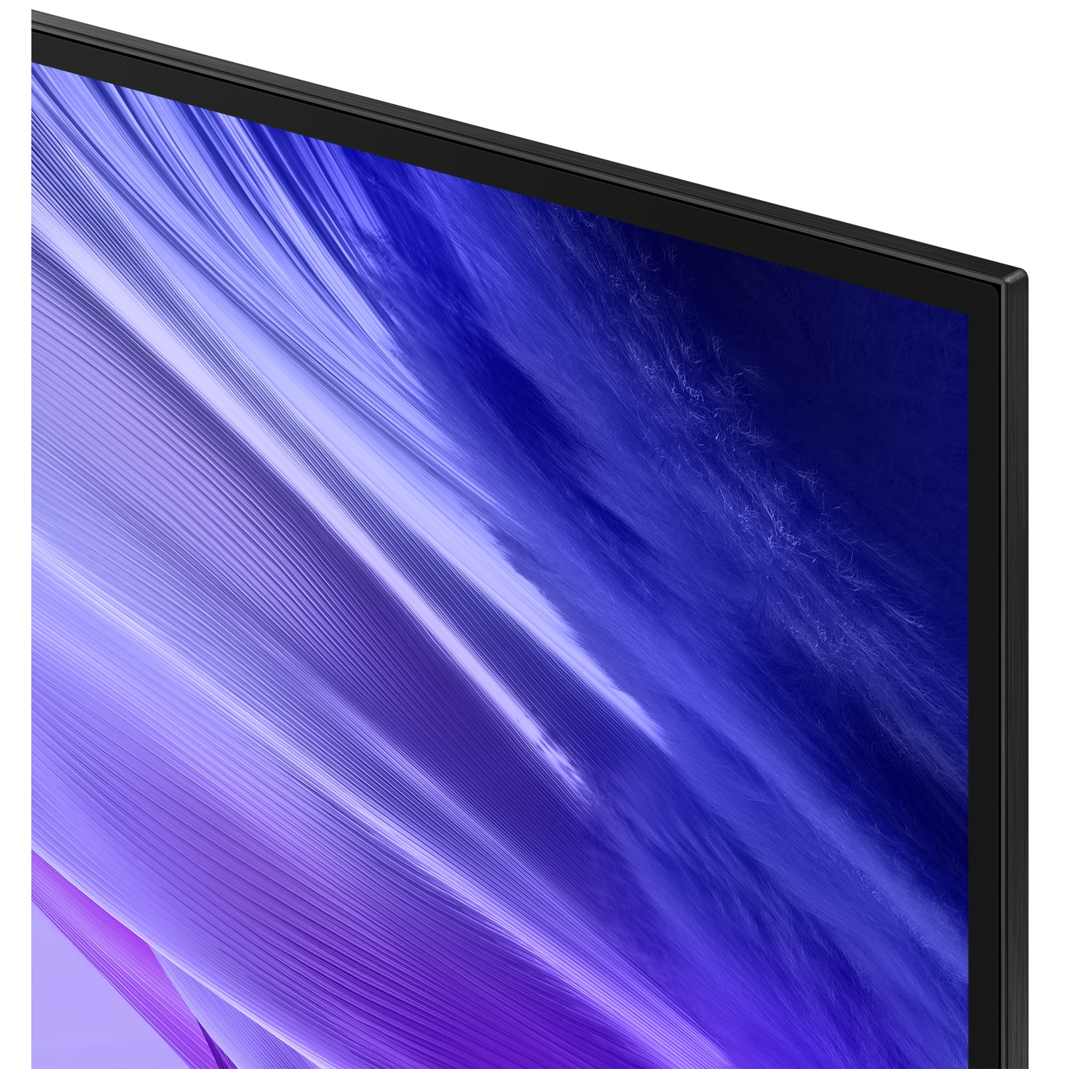 Close-up of a TV screen displaying abstract purple and blue patterns.