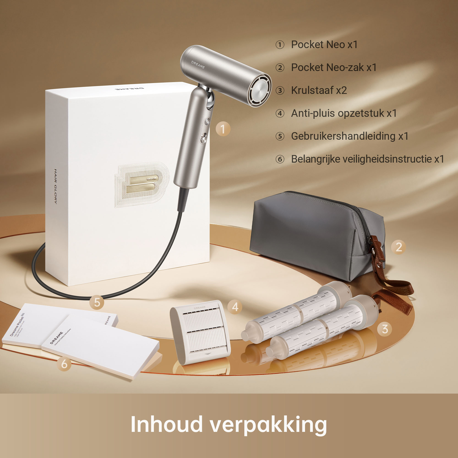 Package contents: hairdryer, bag, attachments, manuals.