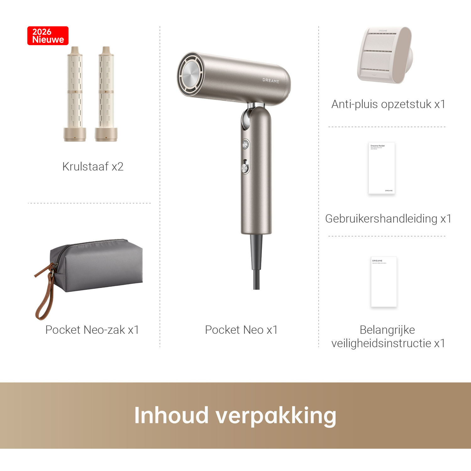 Packaging contents: Hair dryer, curling rods, pouch, attachment, manuals.