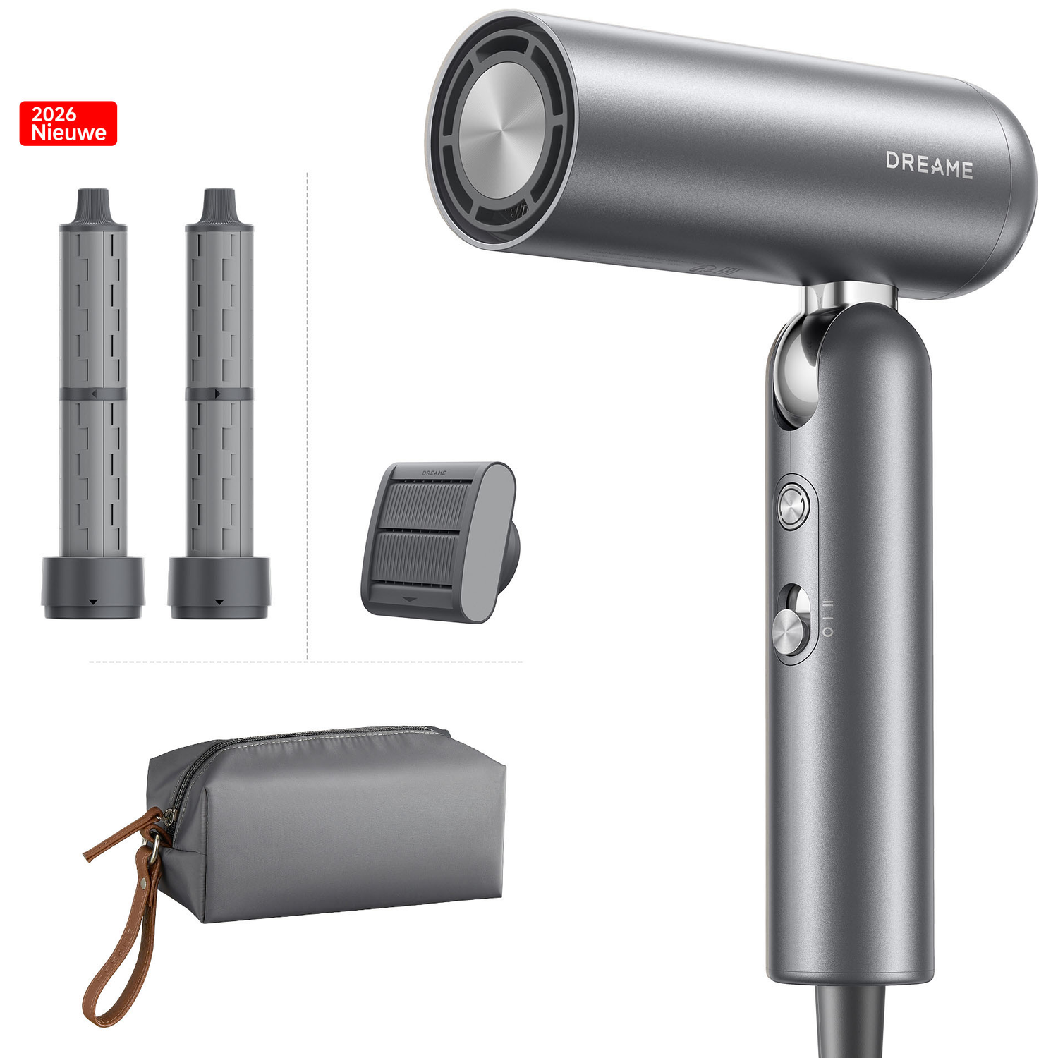 A gray hairdryer with accessories: two nozzles, a holder, and a pouch.