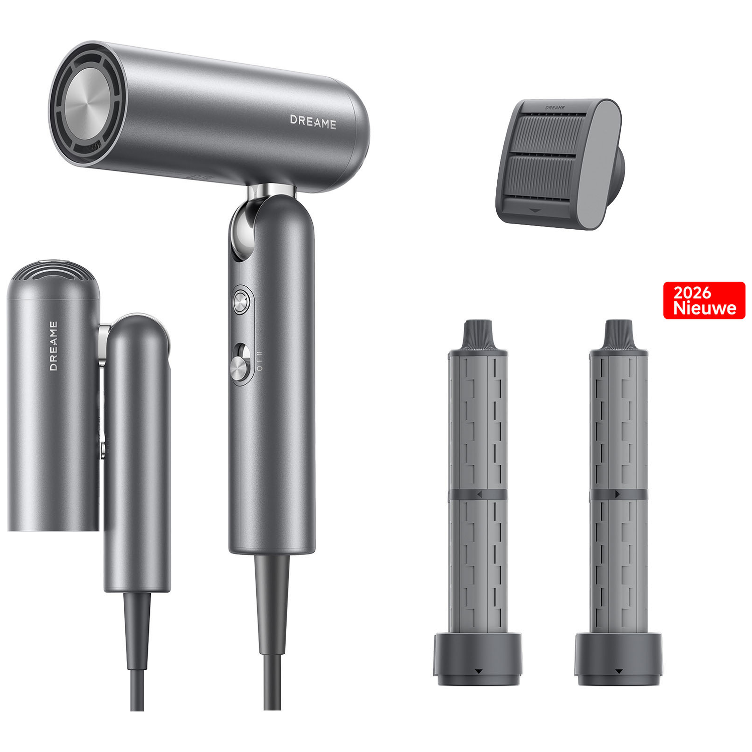 Gray hairdryer with accessories: nozzles, diffusers, and attachments.