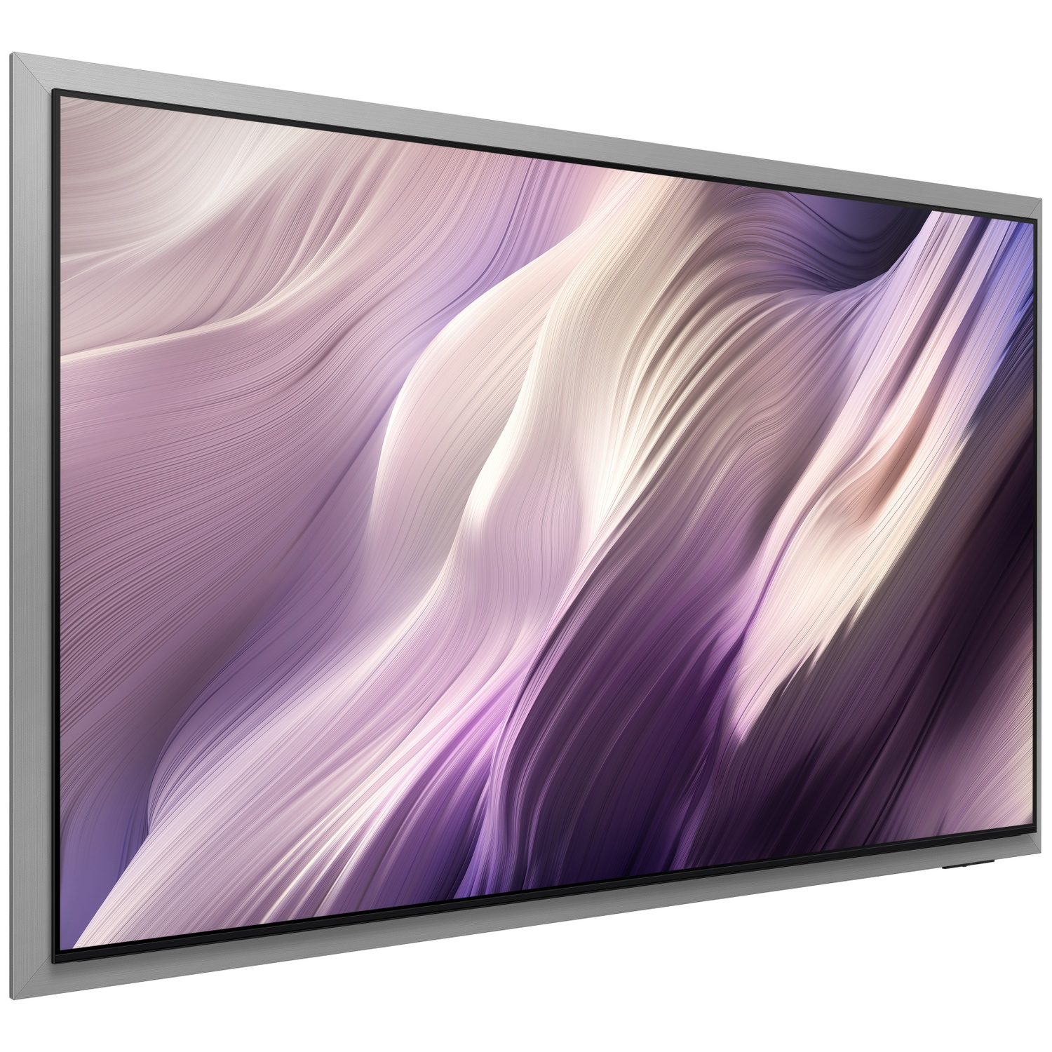 Een strak, grijs display toont een vloeiend, golvend patroon in paarse en witte tinten.