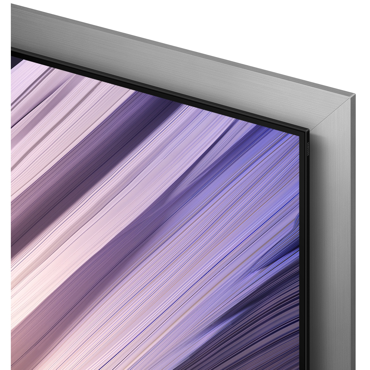 Close-up van een tv-scherm met een abstract paars en wit gestreept patroon.