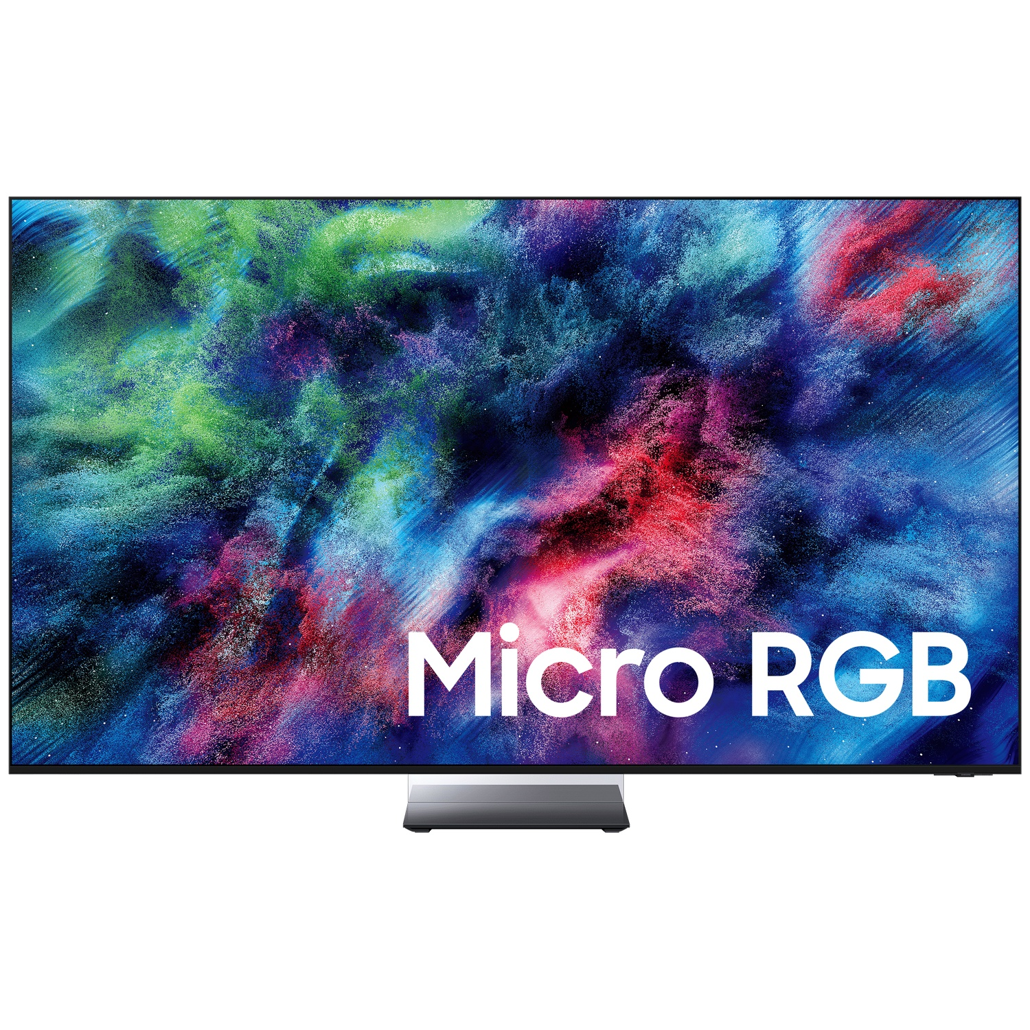 Een televisie met een levendige, kleurrijke nevelachtergrond en "Micro RGB" tekst.