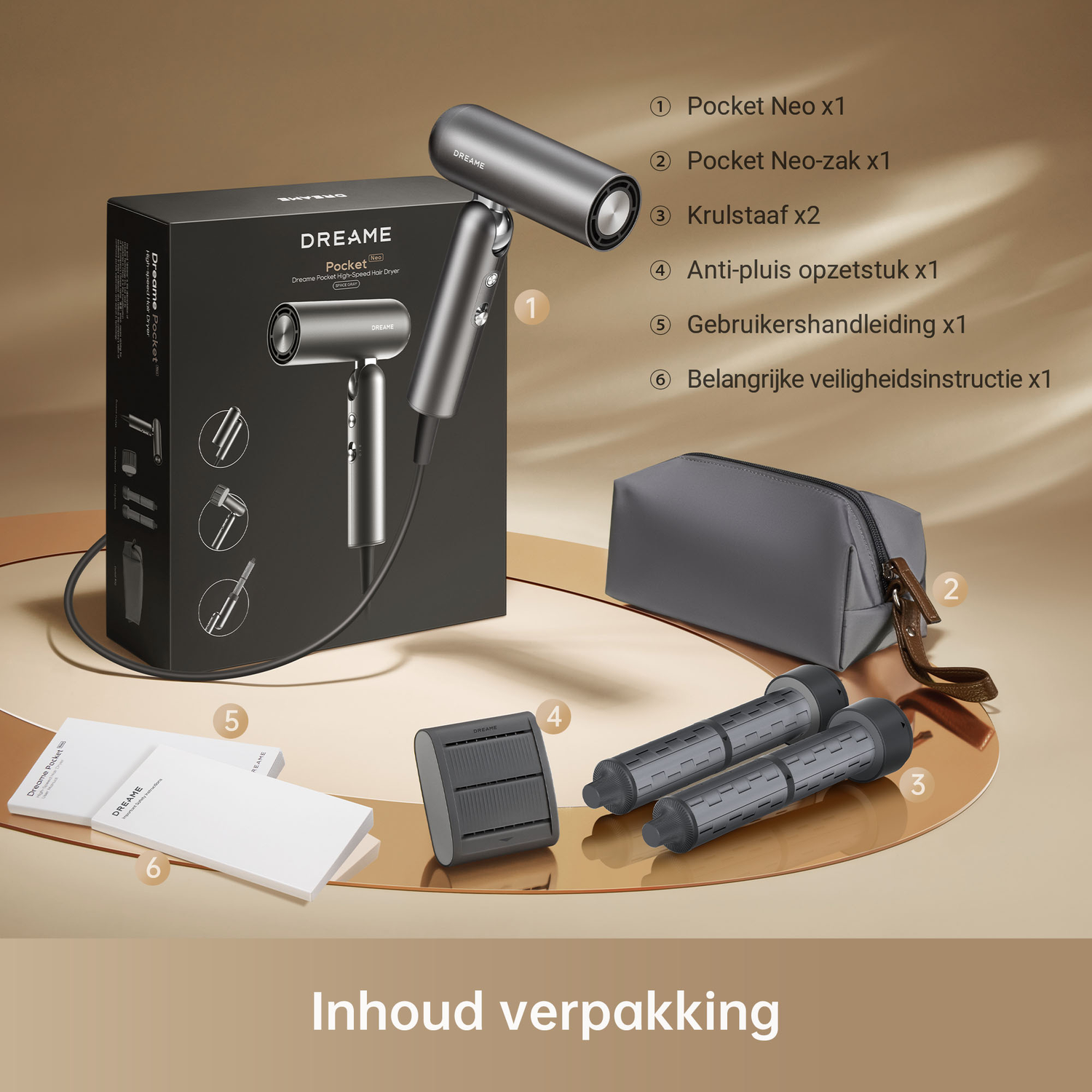 Package contents: hair dryer, accessories, pouch, and manuals.