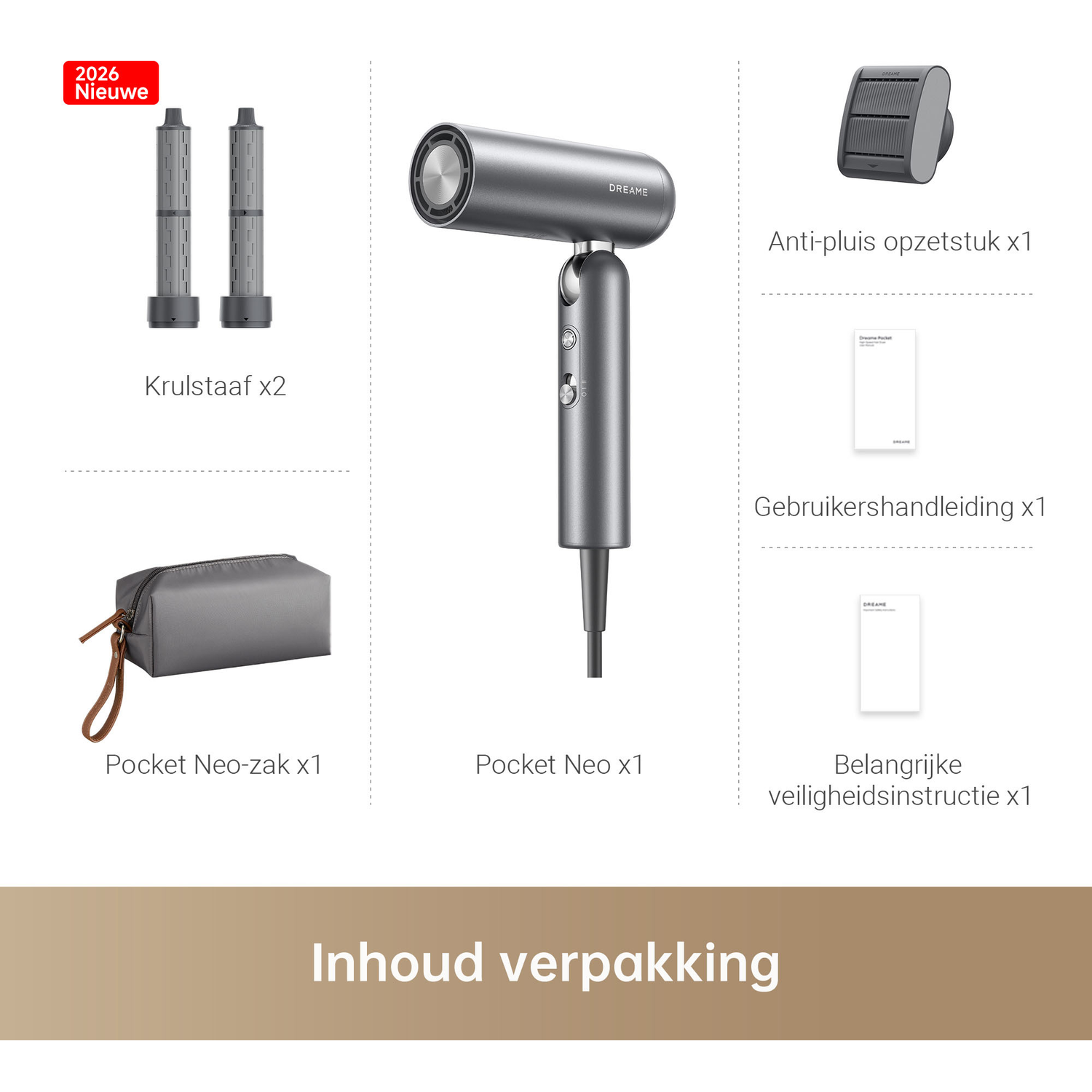 Package contents: Hair dryer, 2x curling rods, pouch, anti-frizz attachment, manual.