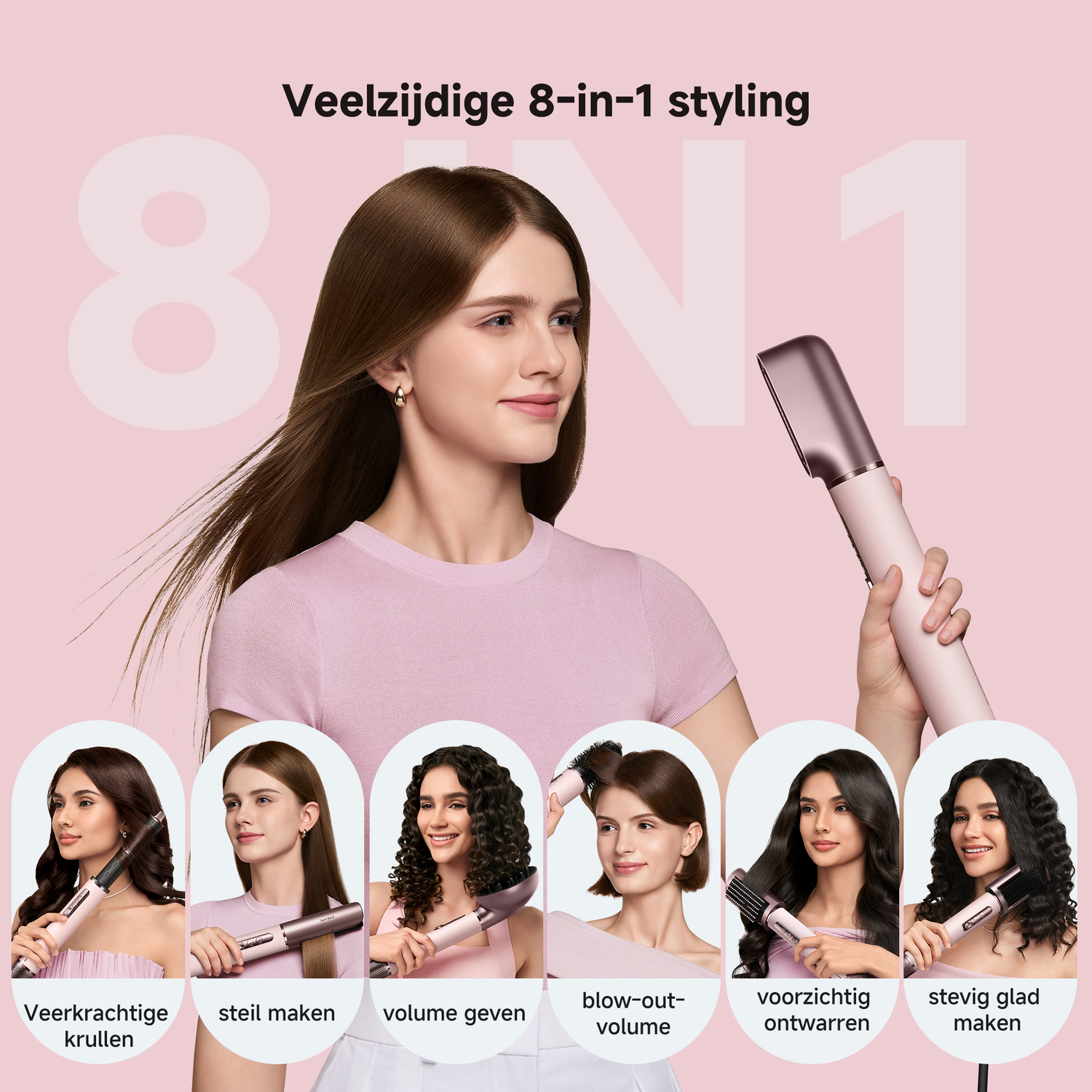 Een vrouw houdt een roze haarstylingtool vast, met zes vrouwen die verschillende kapsels tonen.