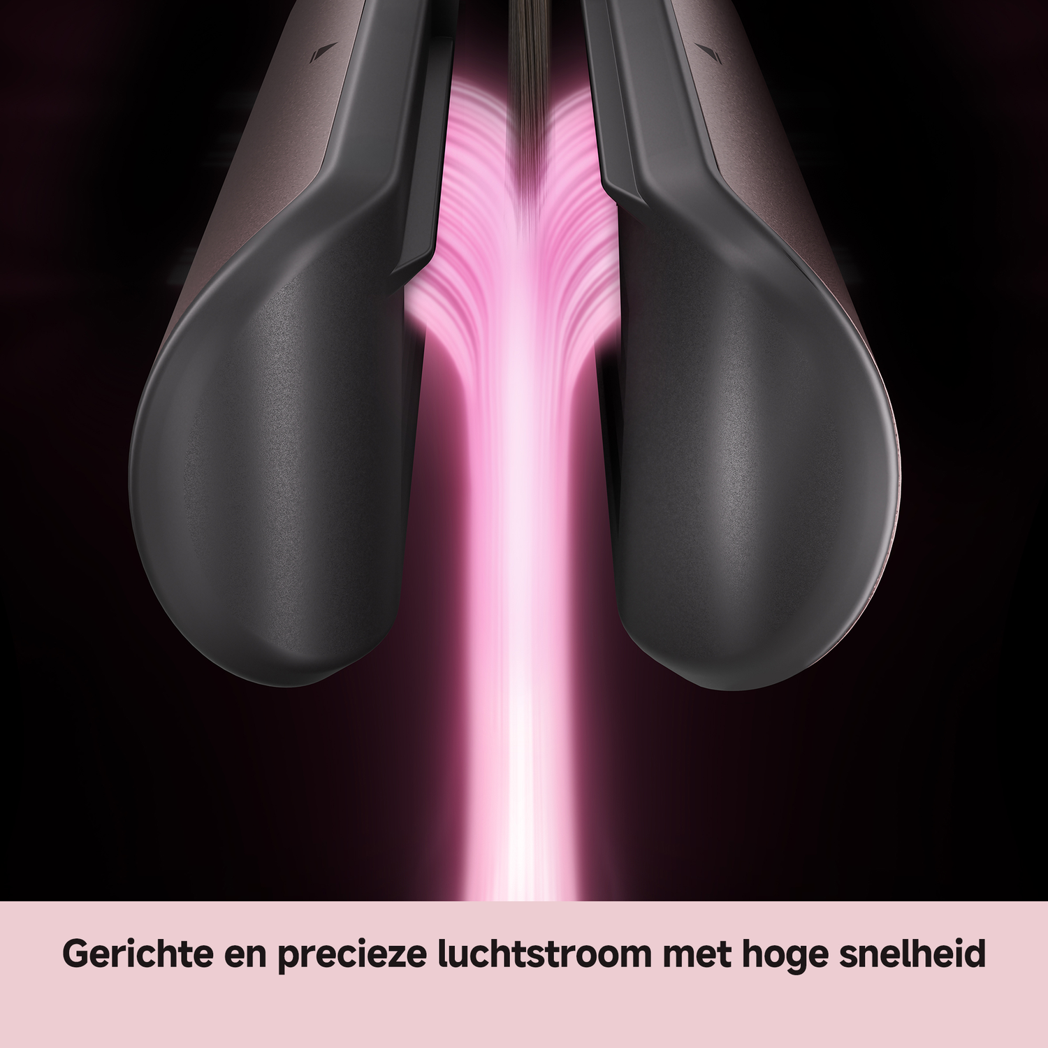 Stylingapparaat met roze lichtstraal op zwarte achtergrond.
