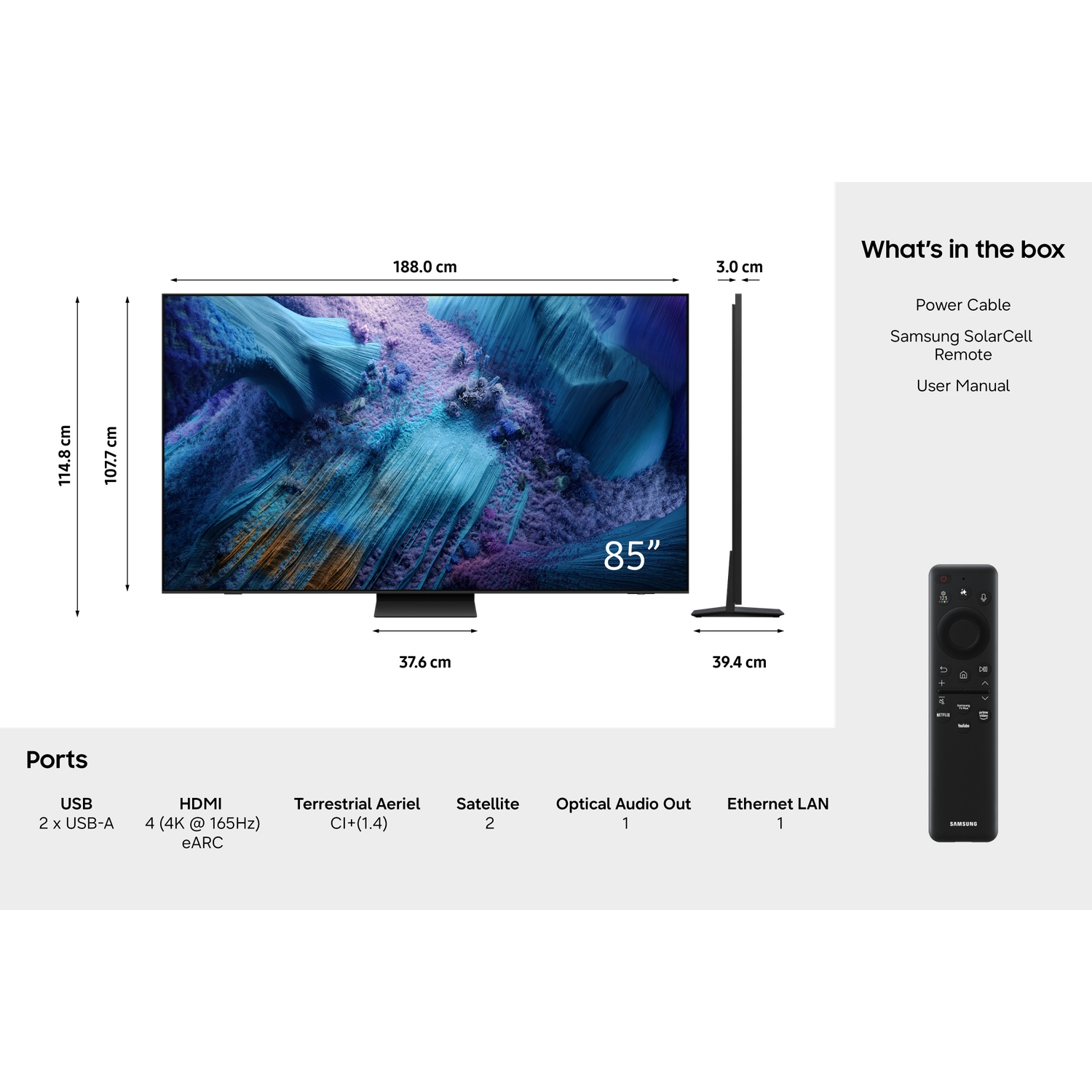 Een 85-inch tv met gedetailleerde afmetingen, poorten en afstandsbediening.