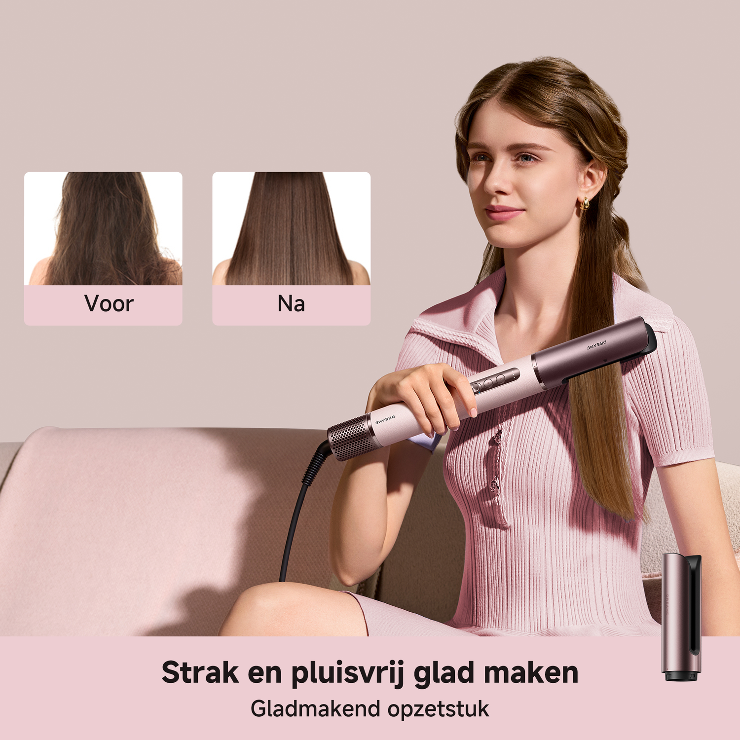 Vrouw met steil haar houdt stijltang vast. Voor/na foto's getoond.