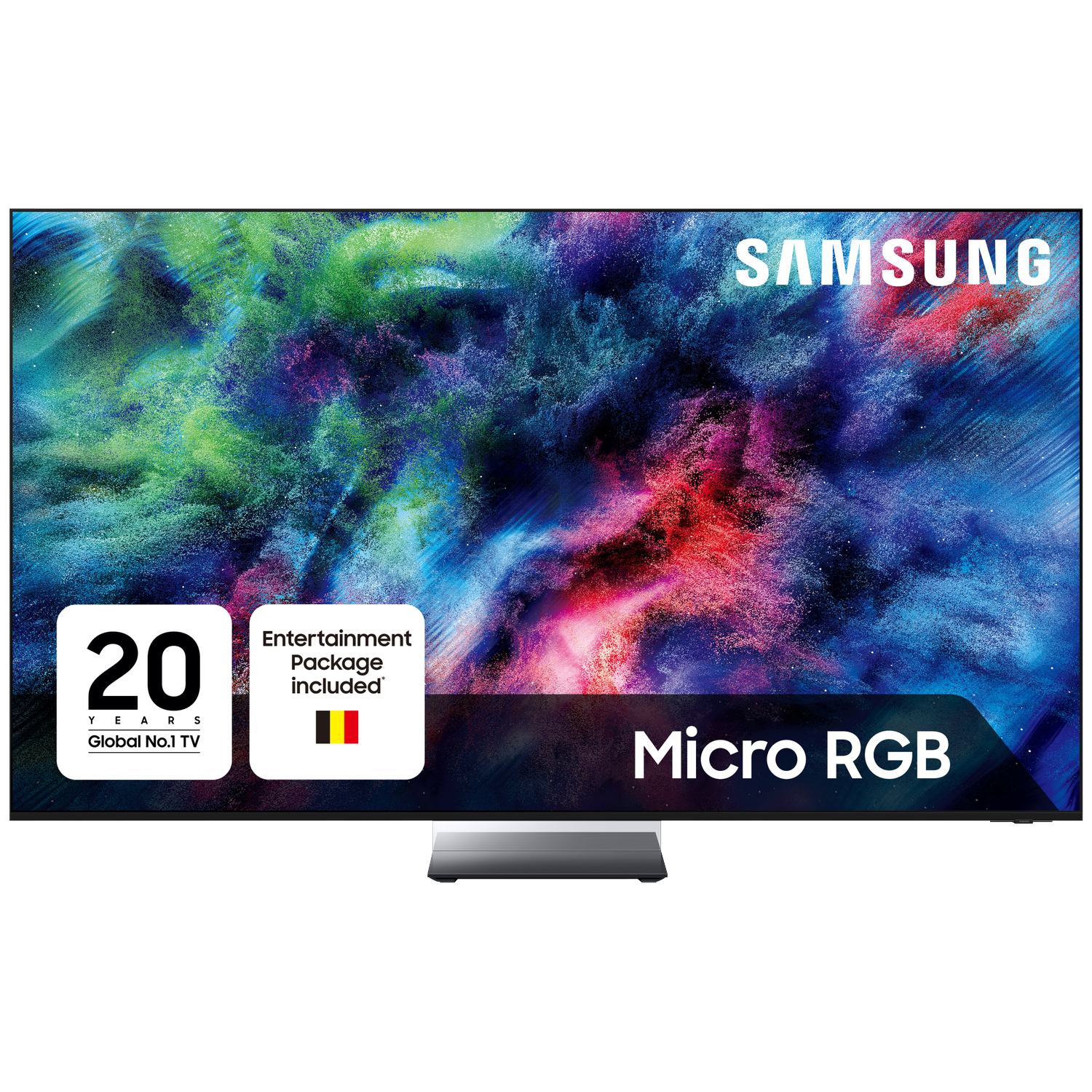 Samsung Micro RGB TV met kleurrijke achtergrond en logo's.