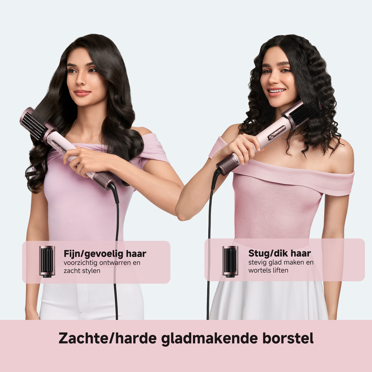 Twee vrouwen met stylingborstels. Eén stijl haar, de ander krult dik haar.