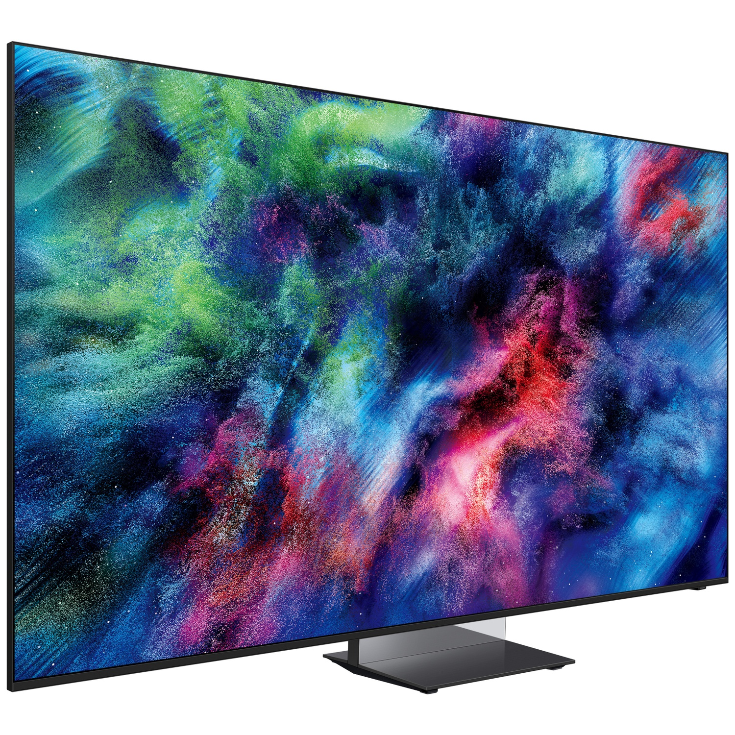 Een moderne tv met een kosmisch screensaver in blauw, groen en rood.
