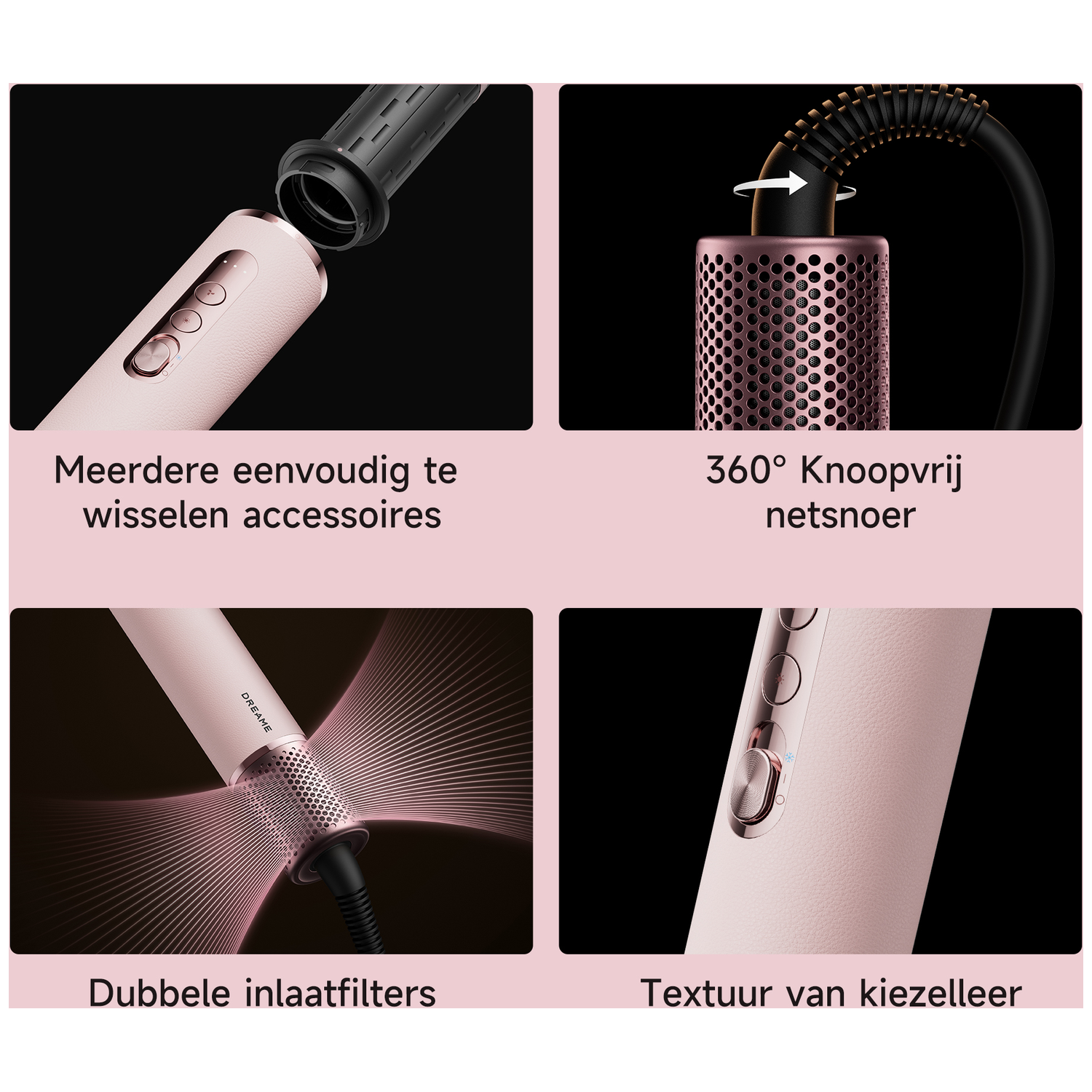 Een roze föhn accessoire getoond in vier detailopnames.