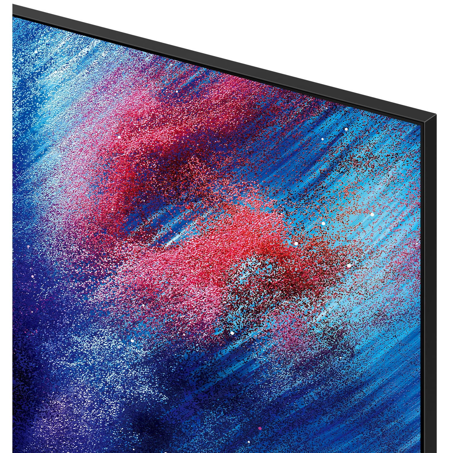 Abstract ontwerp met rode en blauwe deeltjes op een blauwe achtergrond.