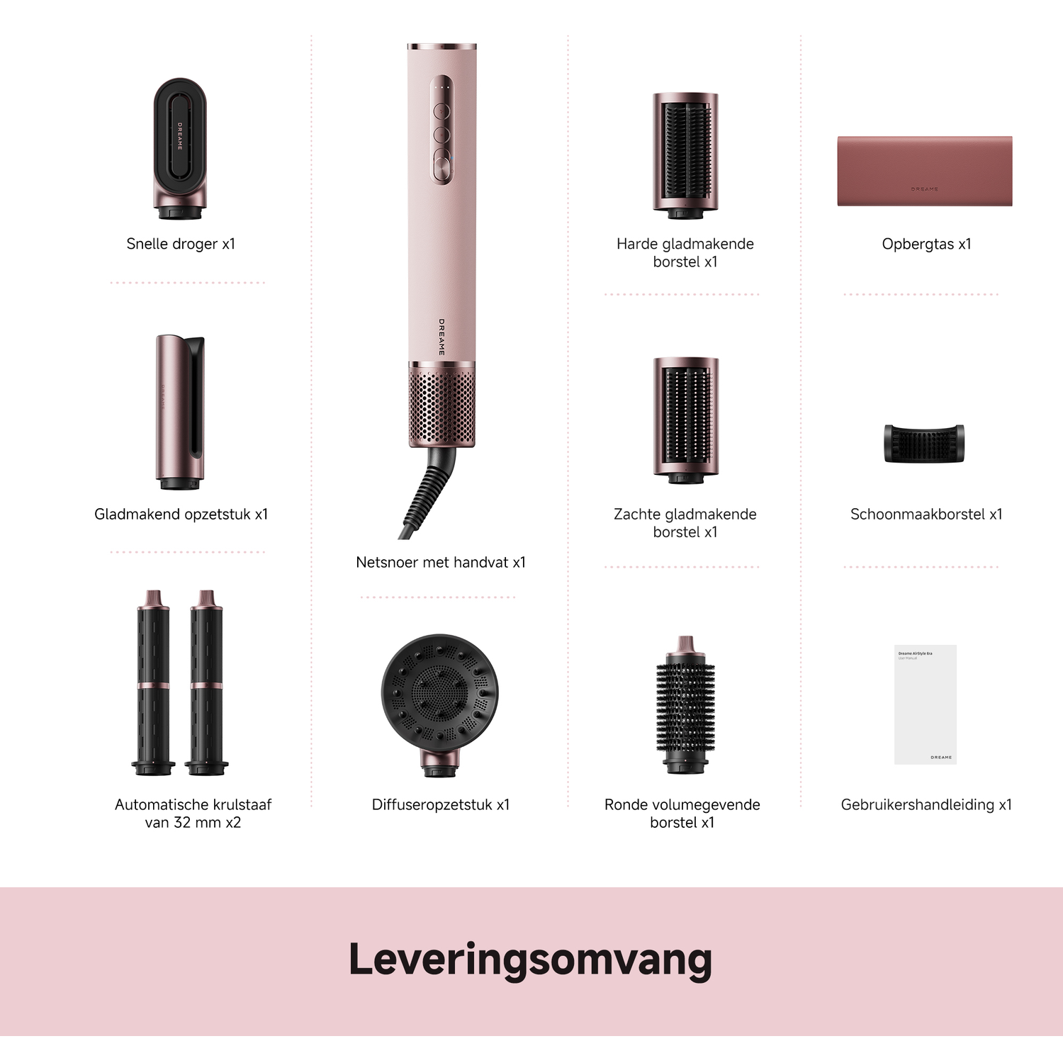 Een roze haardroger set met accessoires: mondstukken, borstels, opbergtas en handleiding.