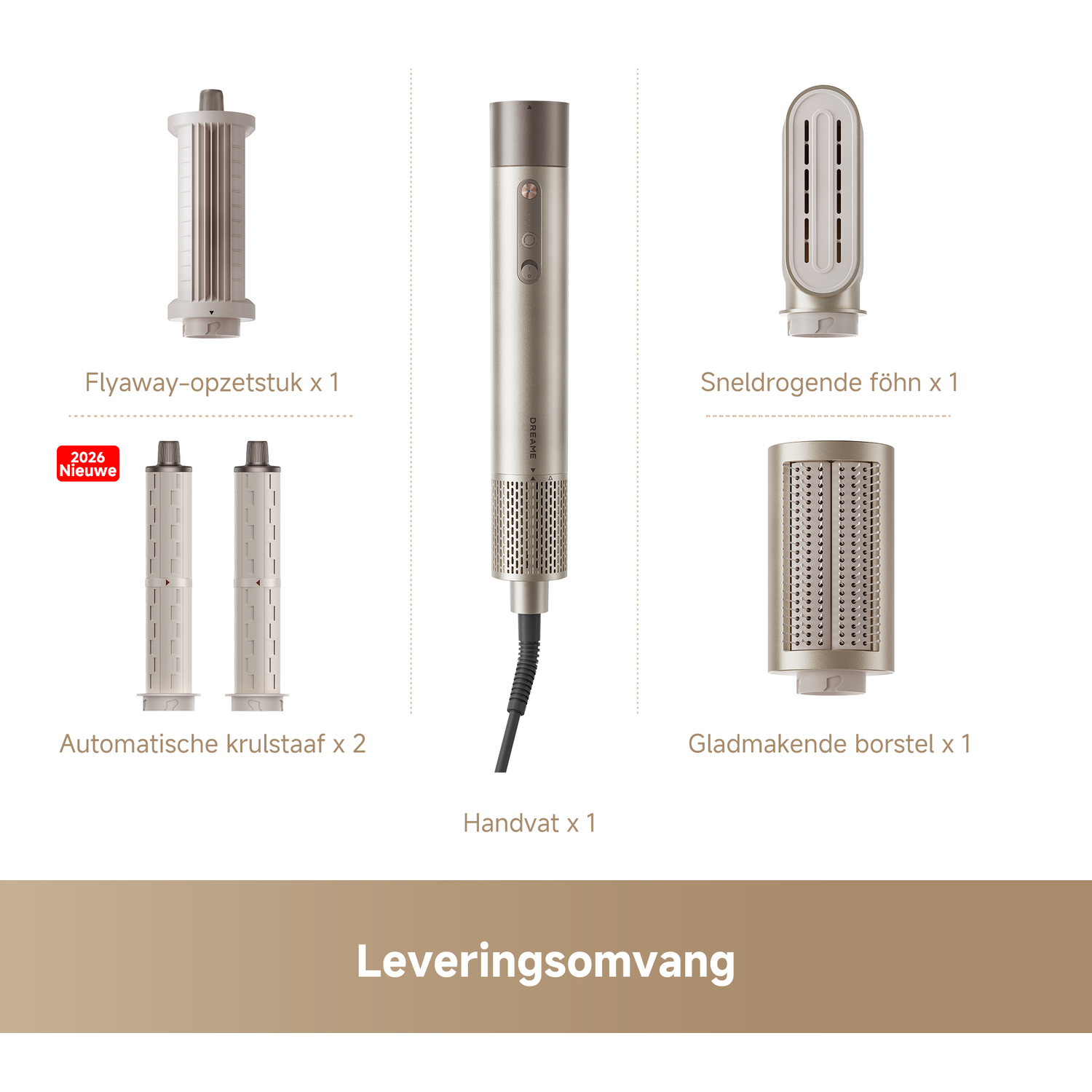 Een haarstyling set met handvat, föhnopzetstuk, borstel, flyaway-opzetstuk en twee krulstaven.