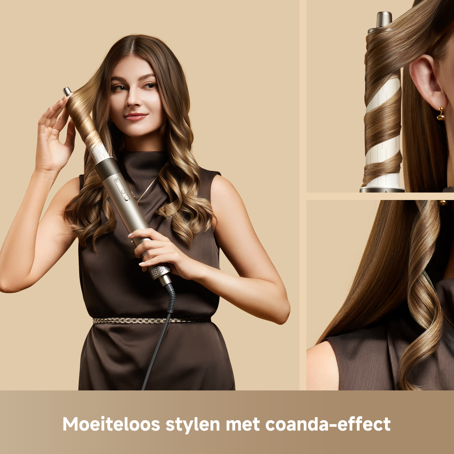Een vrouw met lang bruin haar stylet haar met een krultang op een beige achtergrond.