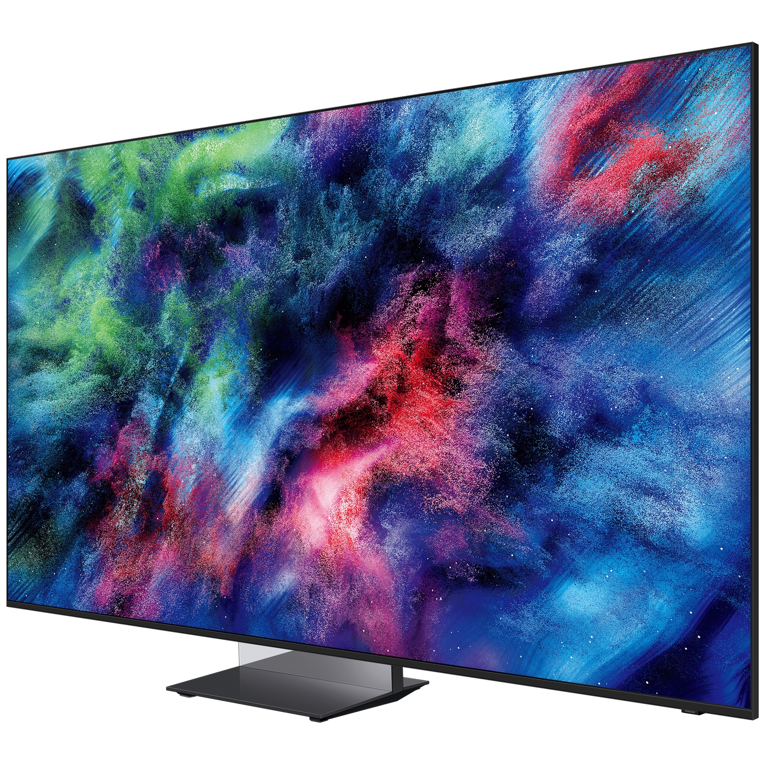 Een moderne televisie met een levendige, abstracte achtergrond in blauw, groen en rood.