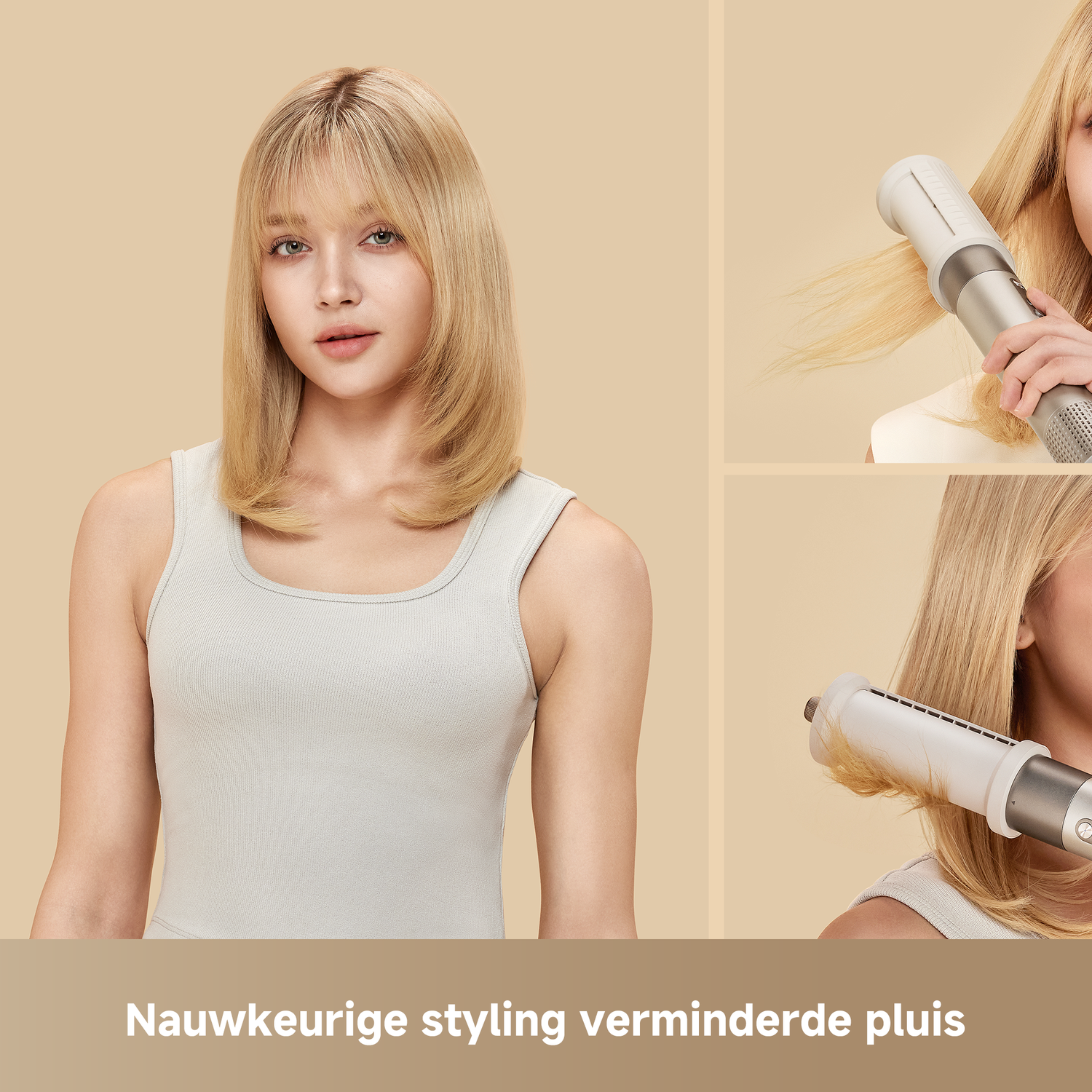 Vrouw met blond haar stylet het met een zilverwit haarstylingapparaat.