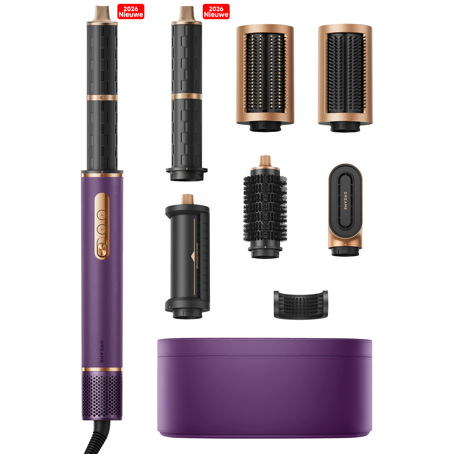 Purple hair dryer set with multiple attachments and storage case.