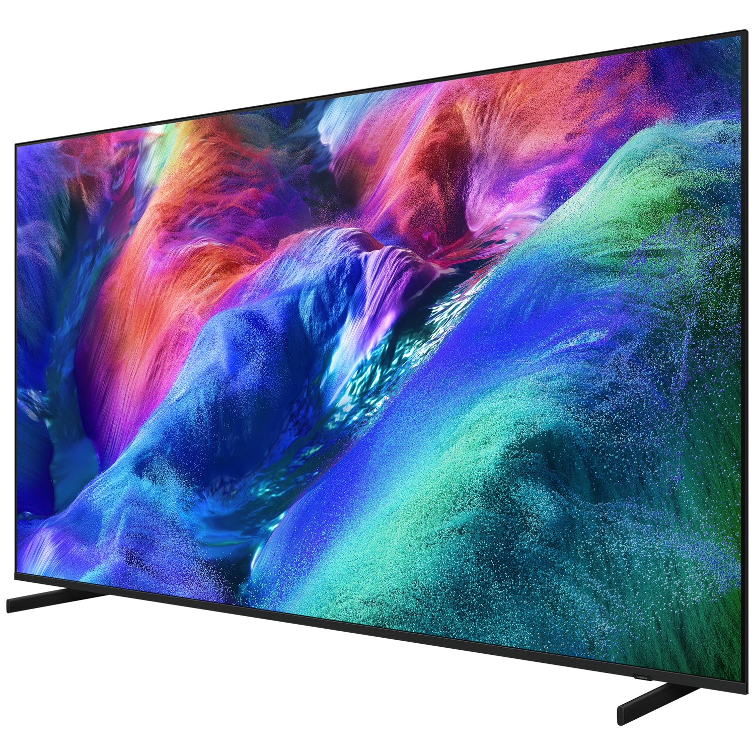 A modern flat-screen TV displaying a vibrant, abstract image in shades of blue and red.