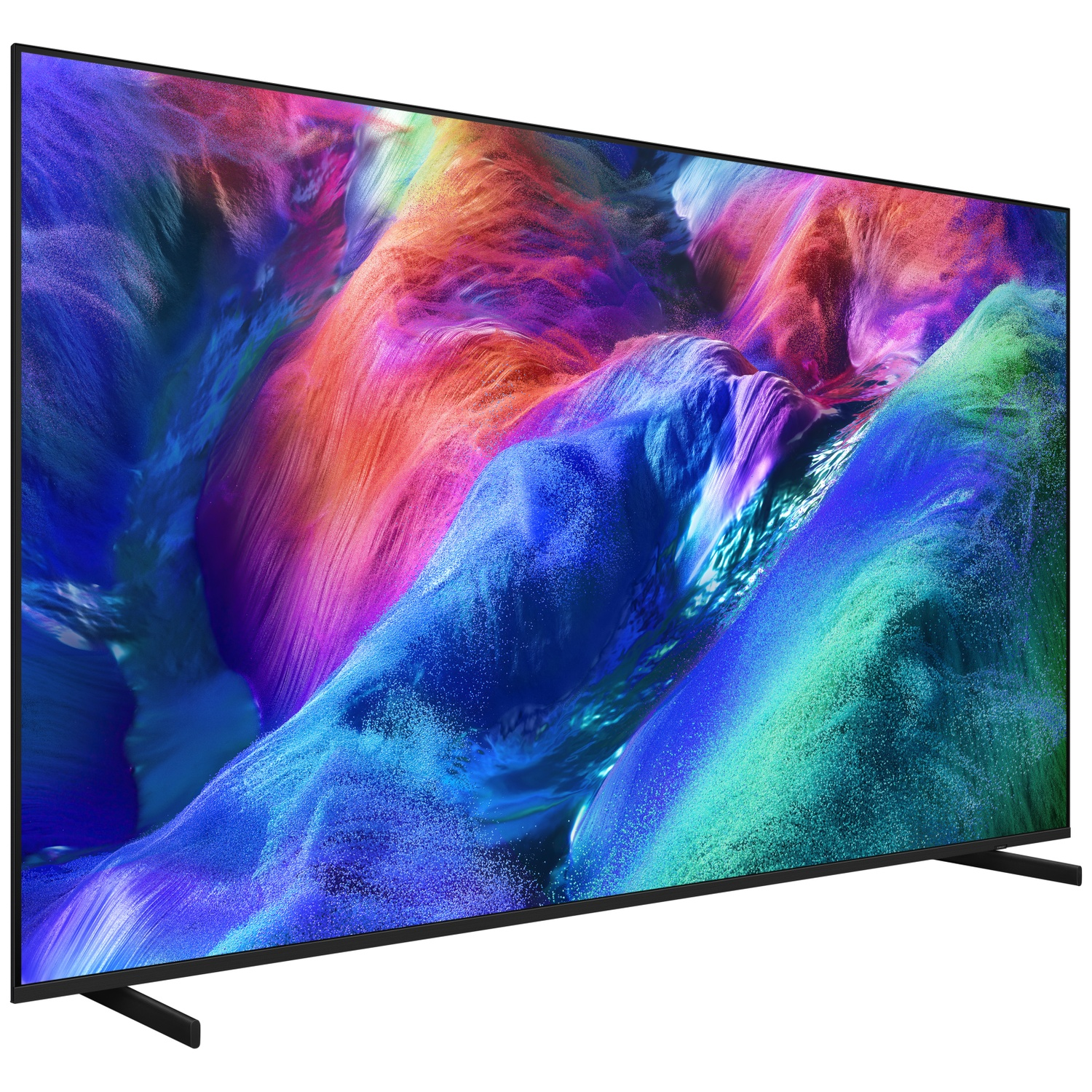 A modern television displaying a vibrant, abstract image in blue, pink, and green hues.