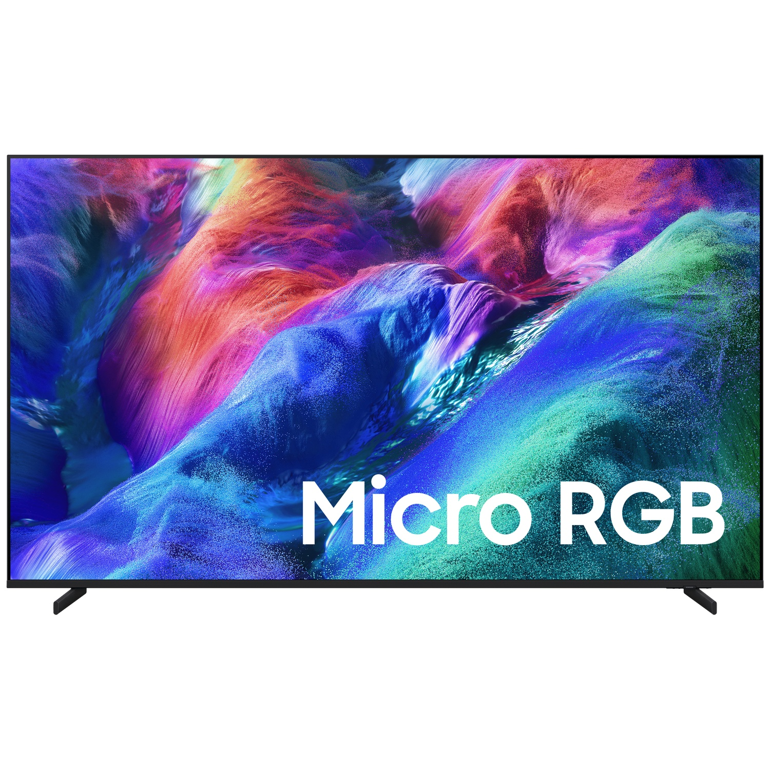 A modern black television displays a vibrant abstract image with purple, blue, and green hues.