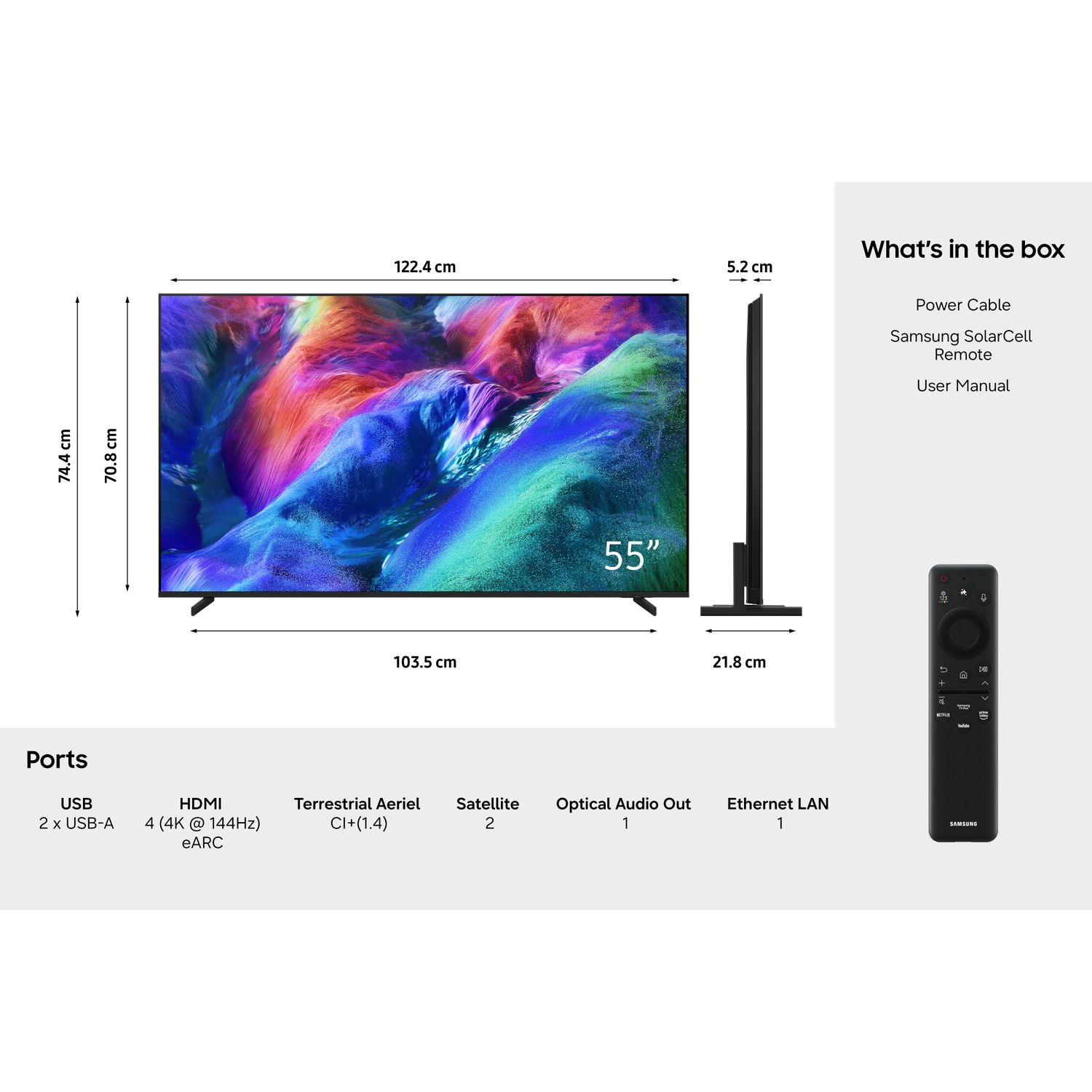55-inch Samsung TV with dimensions, ports, remote, and box contents.
