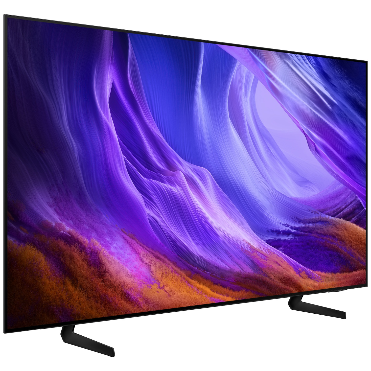 A modern TV displaying an abstract purple and orange background on its screen.