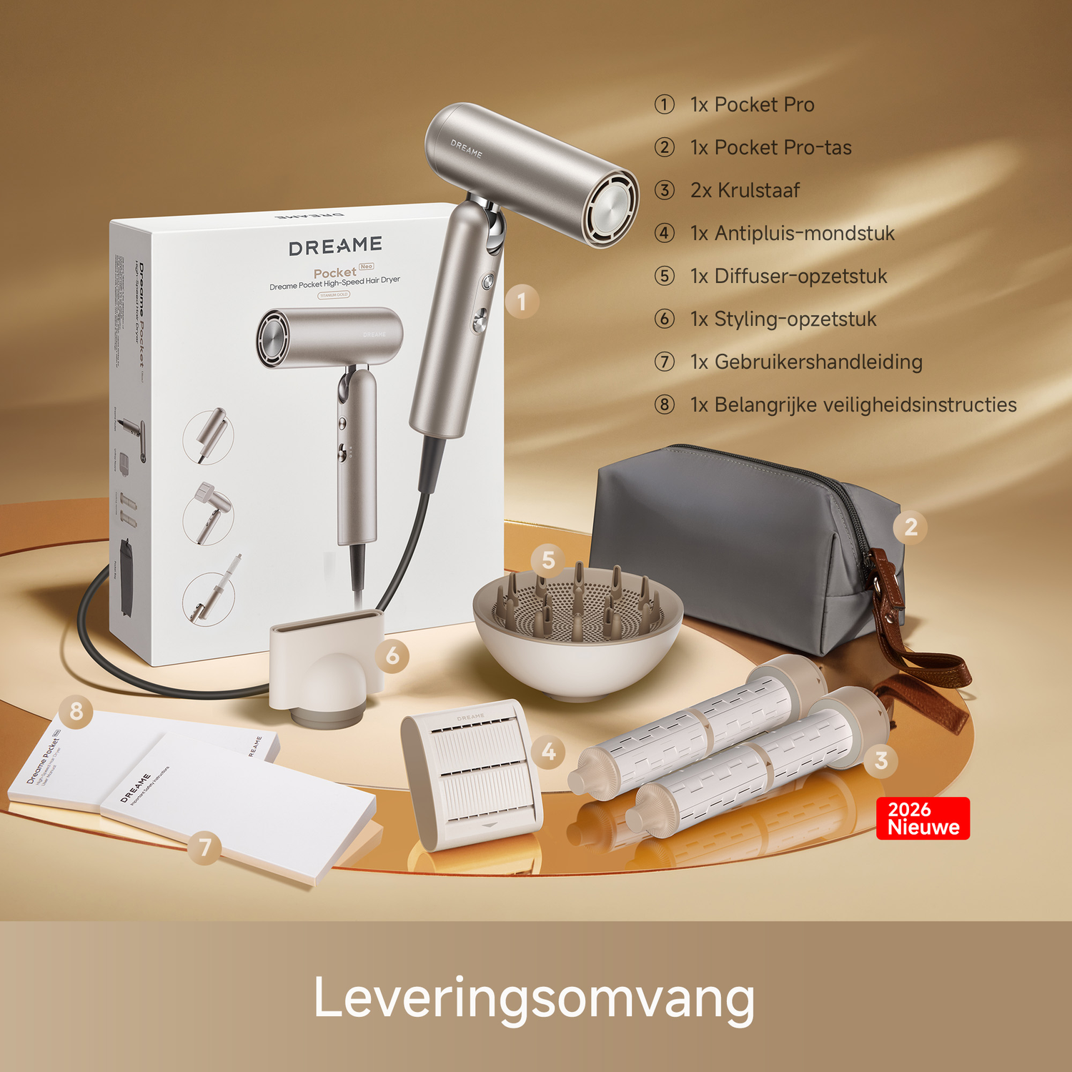 Een zilveren haardroger met accessoires: doos, tas, mondstukken, diffuser en handleiding.