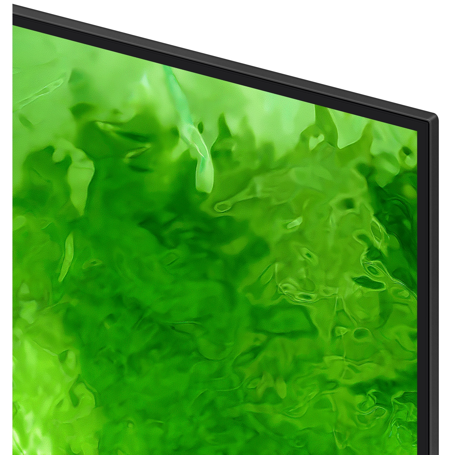 Close-up van een zwart tv-frame met een heldere groene abstracte achtergrond.