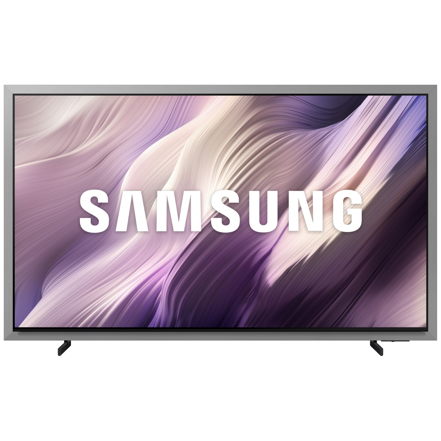 A Samsung television displaying an abstract purple and white background.
