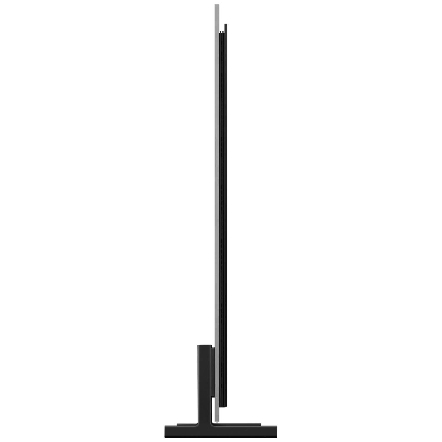 Thin black television on a black stand, side view.