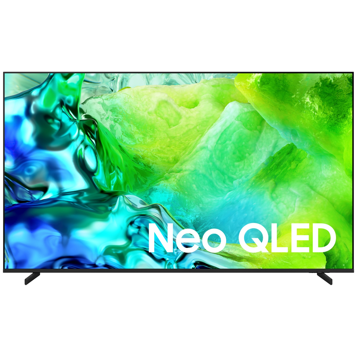 A modern Neo QLED TV displaying vibrant blue and green abstract imagery.