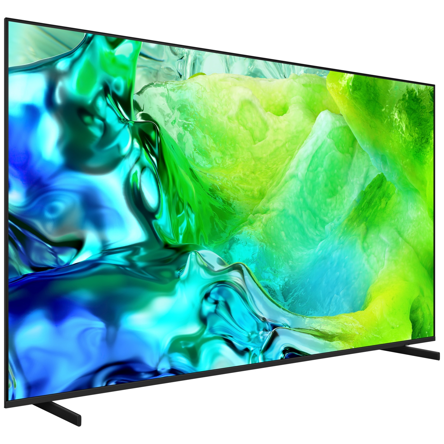 A modern black television displaying an abstract, colorful screen.