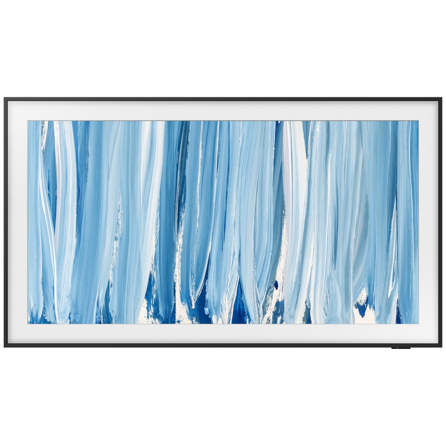 Abstract painting with vertical strokes of blue and white paint on a white background.