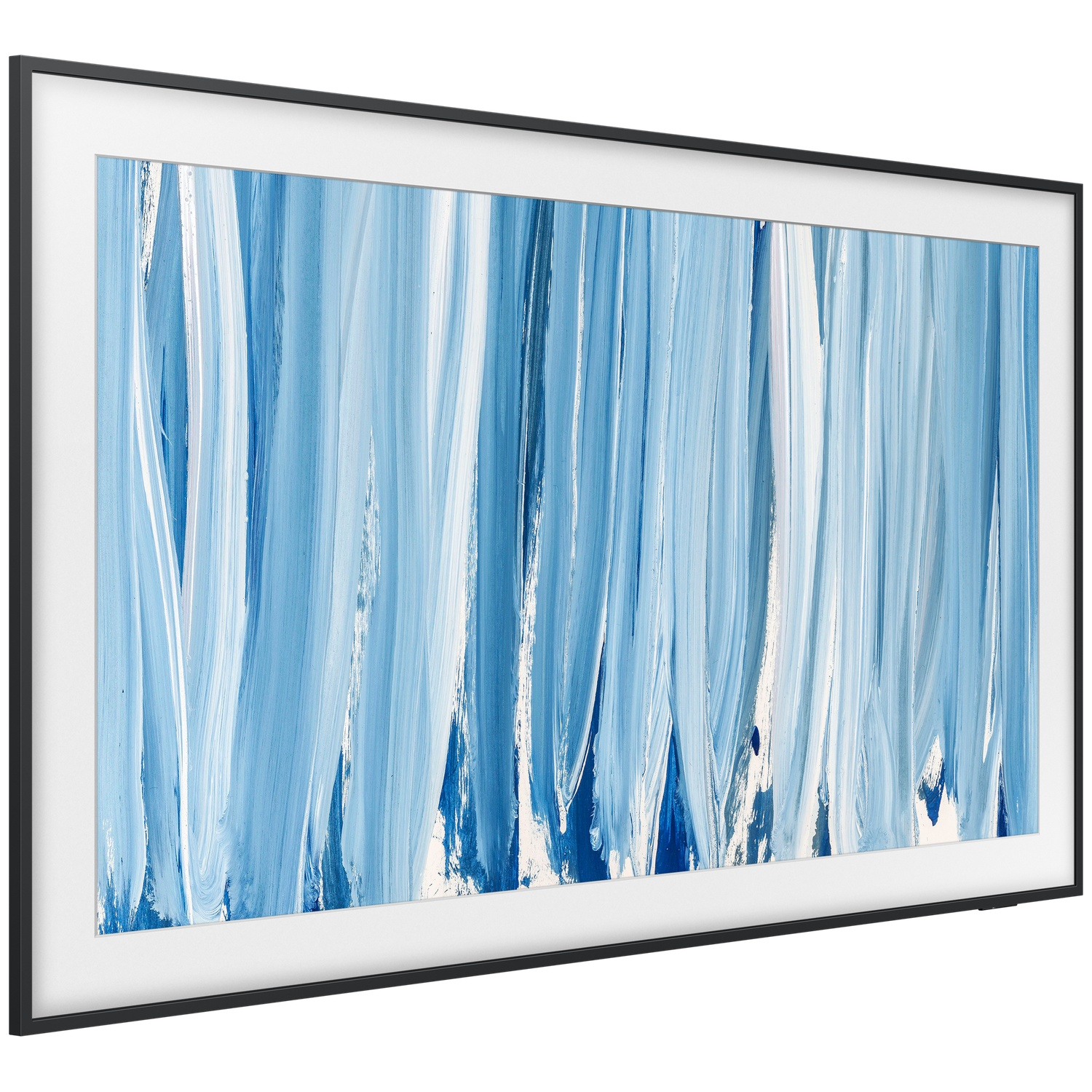 A black frame displays an abstract painting with vertical blue and white brushstrokes.