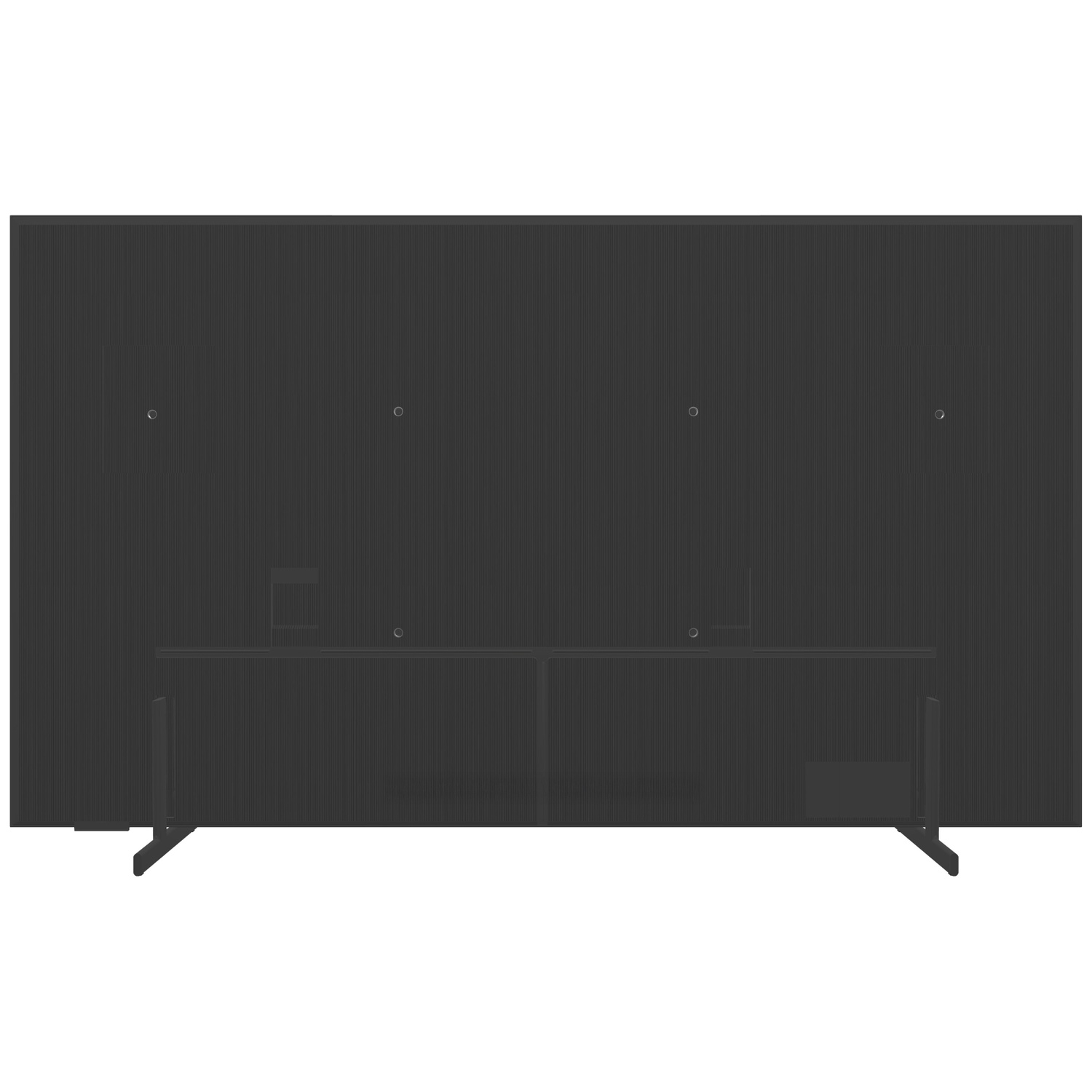 The back of a large, dark gray television with a textured surface and two black legs.