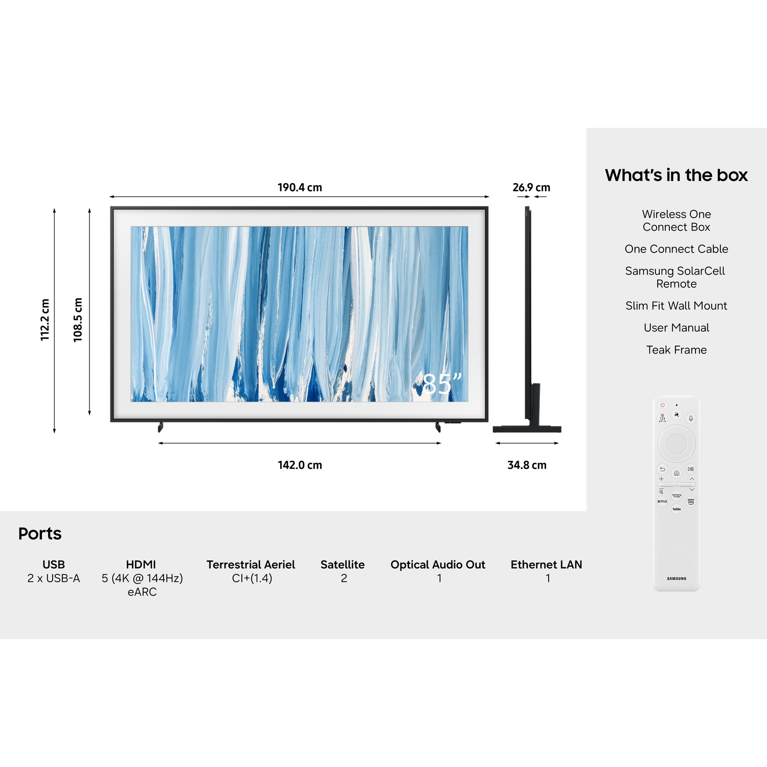 85" TV with abstract blue art, dimensions, ports, remote, and box contents listed.