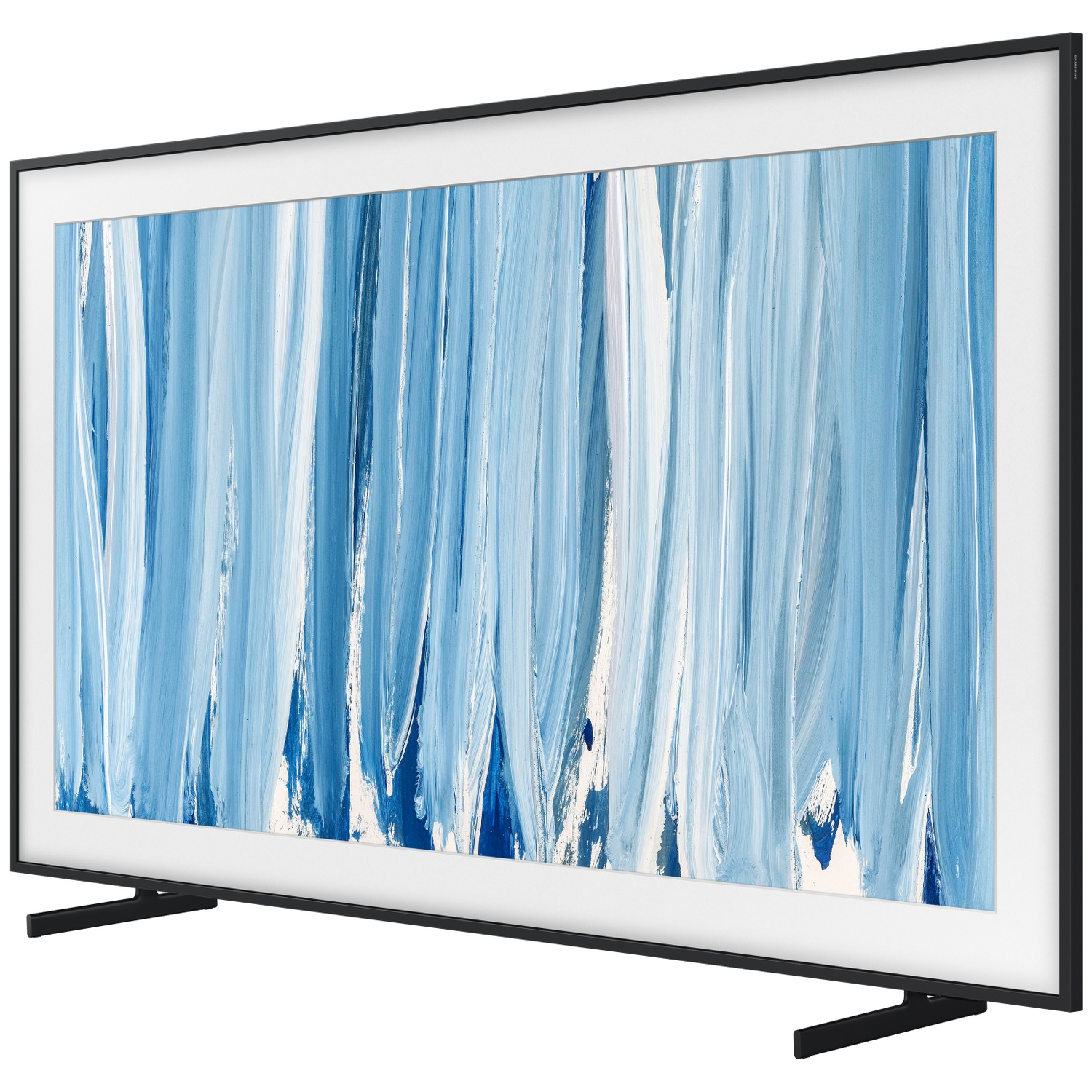 A modern television displaying abstract art with blue and white brushstrokes.