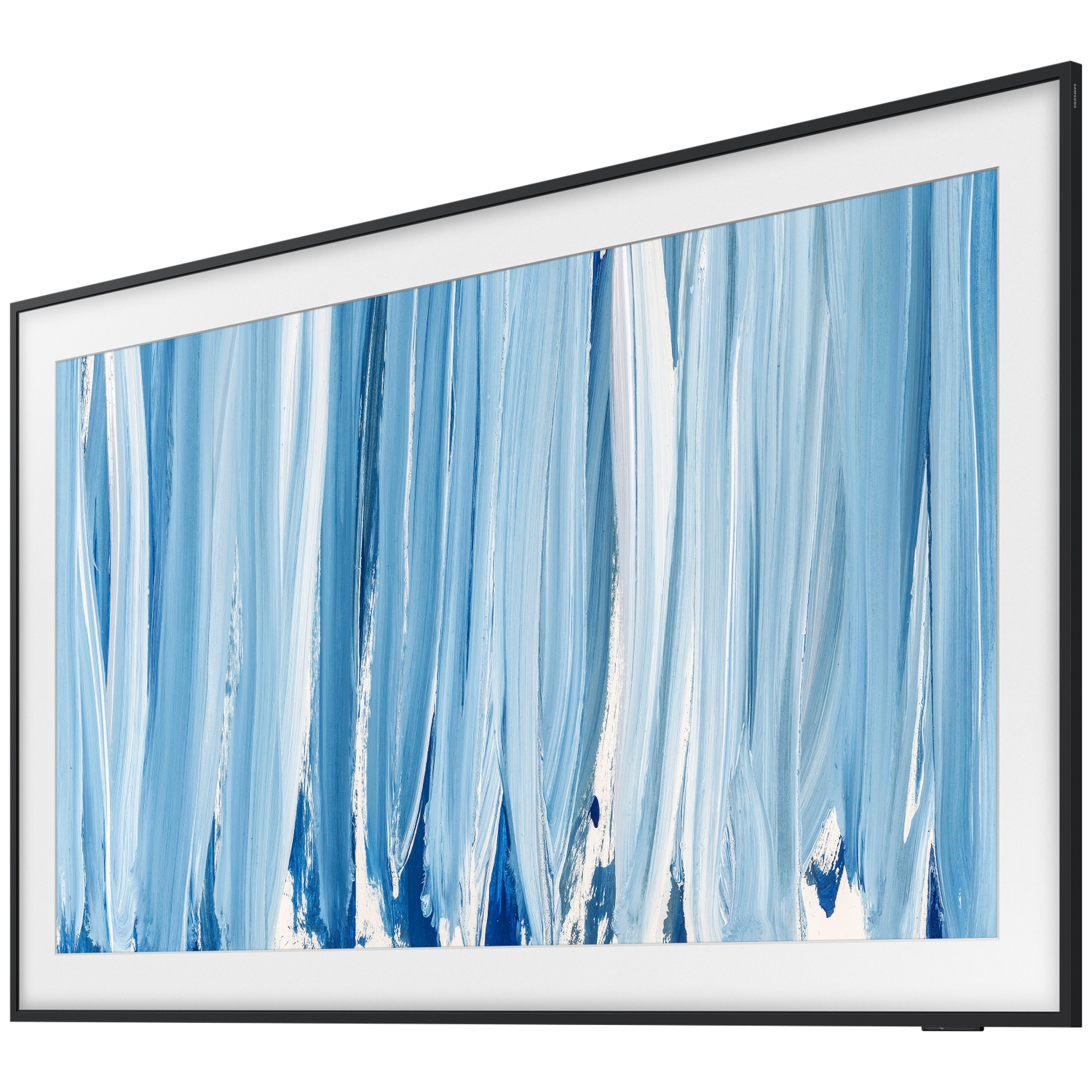 A sleek, thin television displaying abstract blue and white vertical brush strokes.
