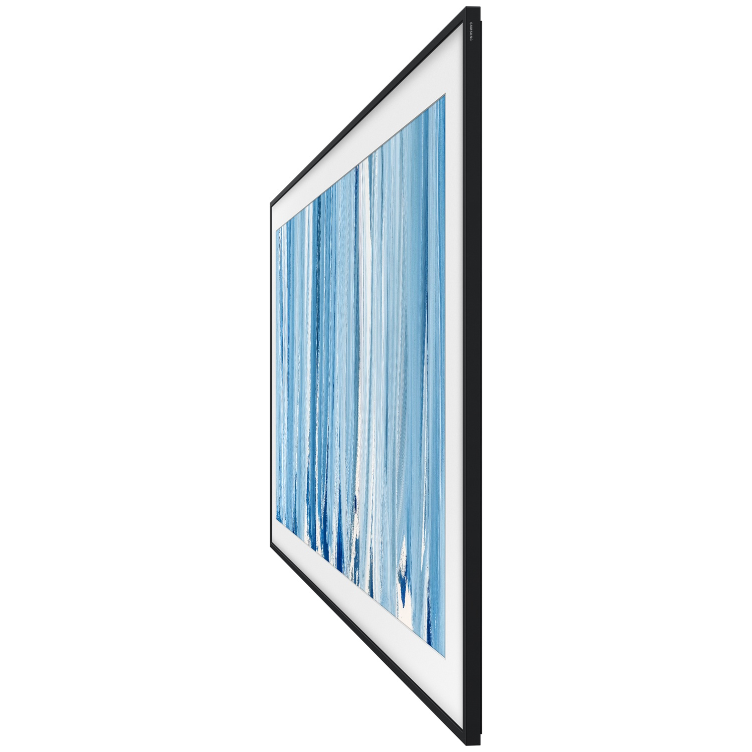 A slim, black television displaying abstract blue artwork. Samsung logo visible.