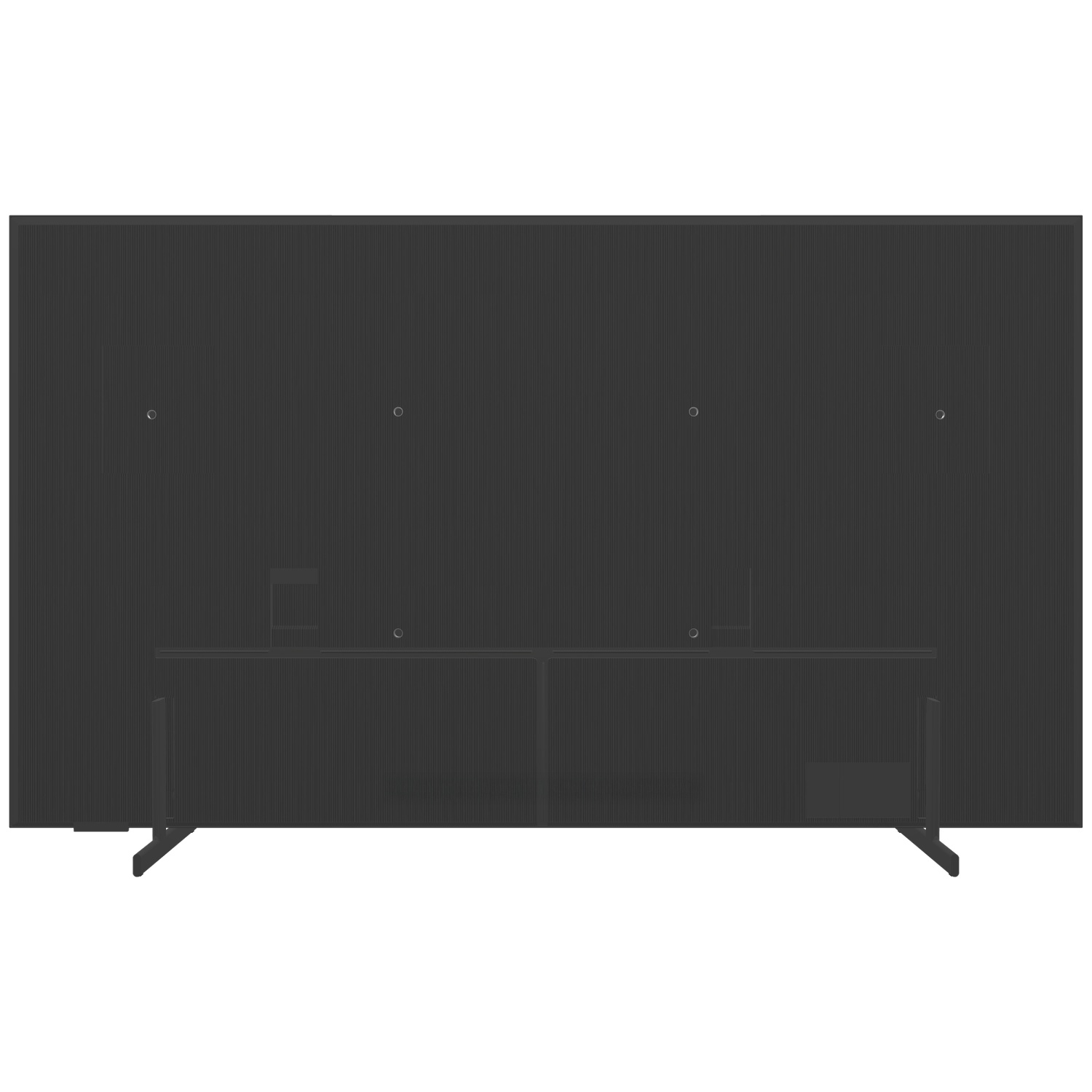 Back of a black TV with two stands, mounting points, and ribbed texture.