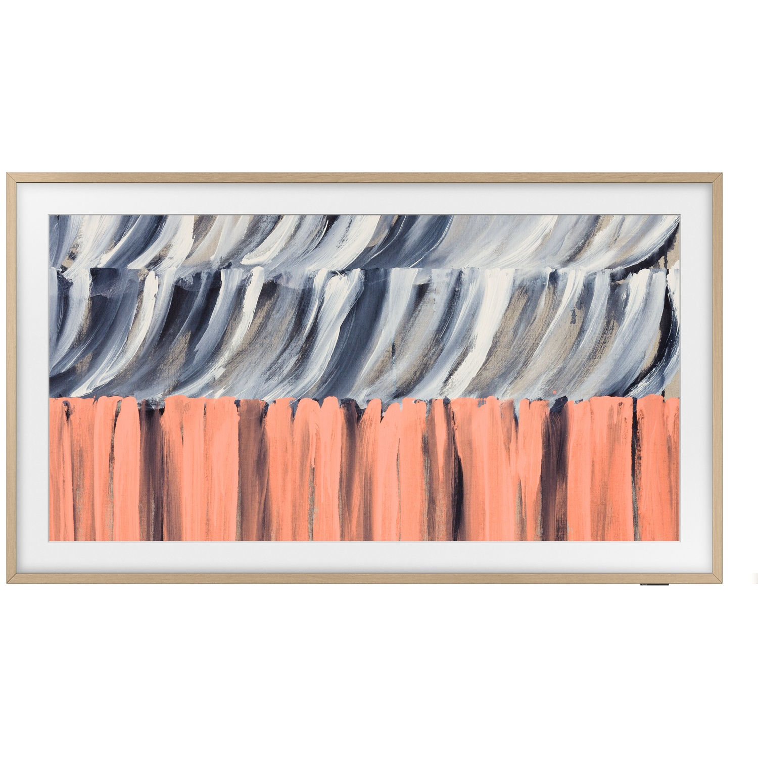 Abstract painting with coral and gray/white brushstrokes.