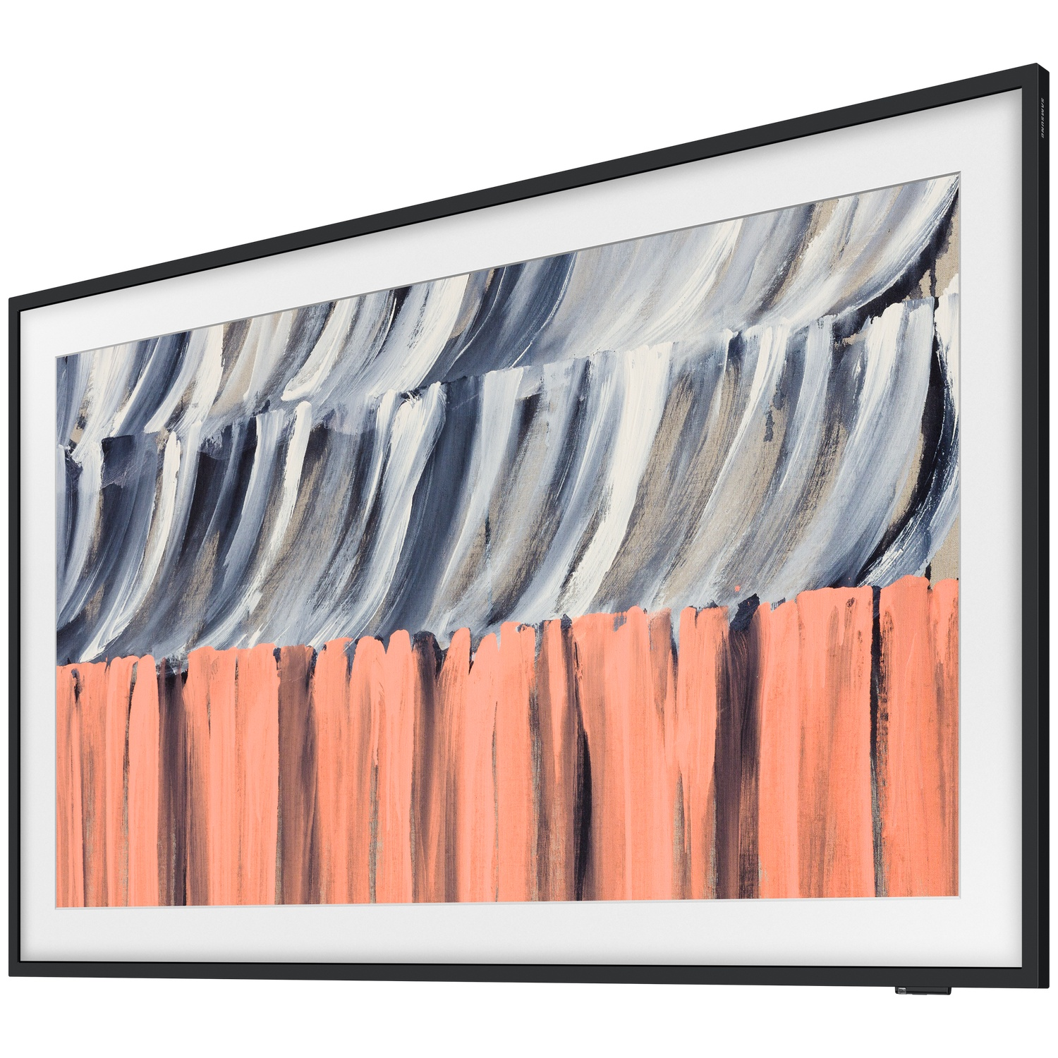 A TV displaying an abstract painting with coral and grey tones.